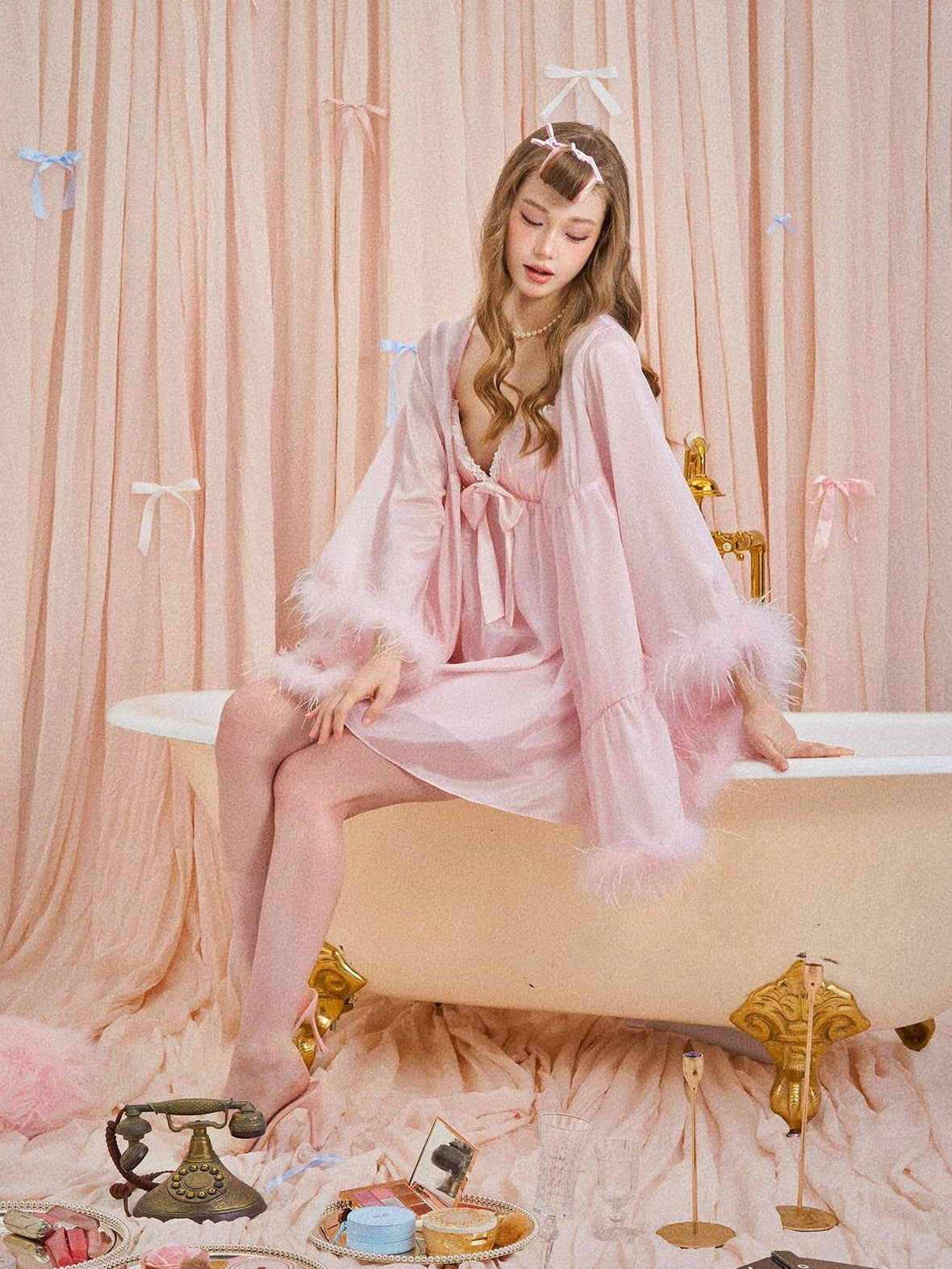 Girly Fancy Club Soft Mist Pink Feather Trim Patchwork Dolllike Women's Polyester Cardigans