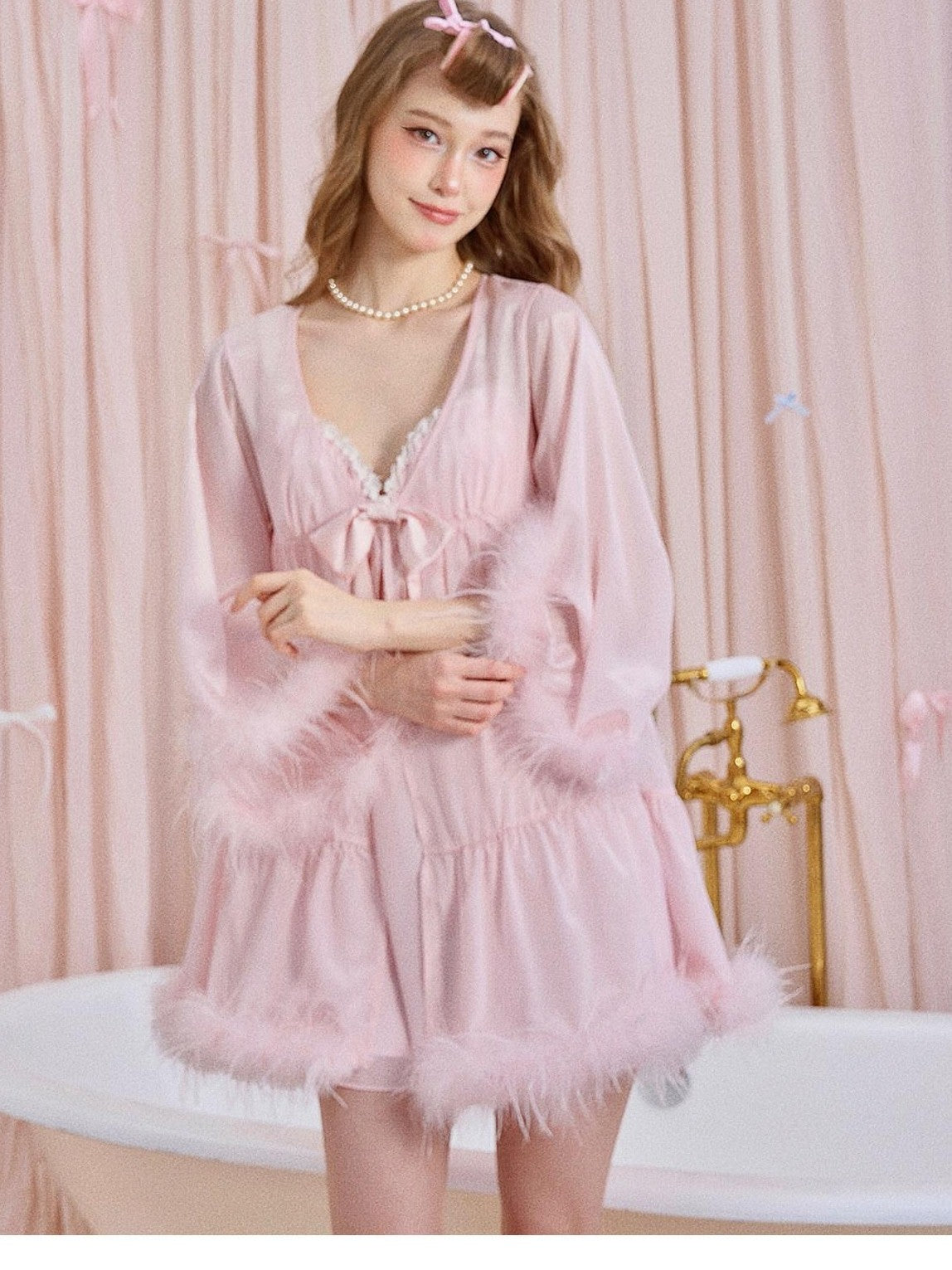 Girly Fancy Club Soft Mist Pink Feather Trim Patchwork Dolllike Women's Polyester Cardigans