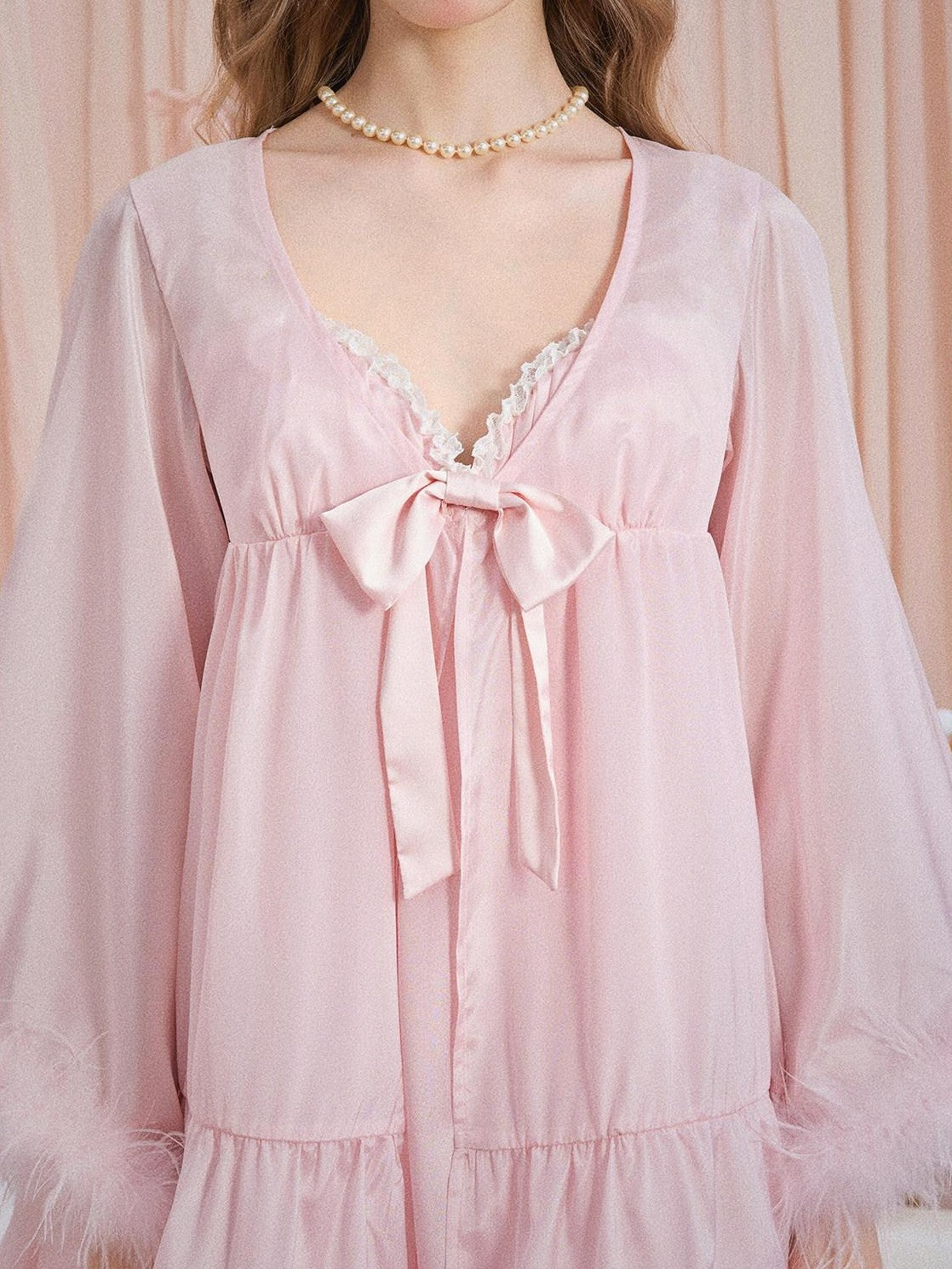 Girly Fancy Club Soft Mist Pink Feather Trim Patchwork Dolllike Women's Polyester Cardigans