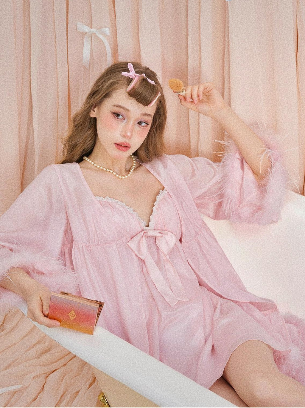 Girly Fancy Club Soft Mist Pink Feather Trim Patchwork Dolllike Women's Polyester Cardigans