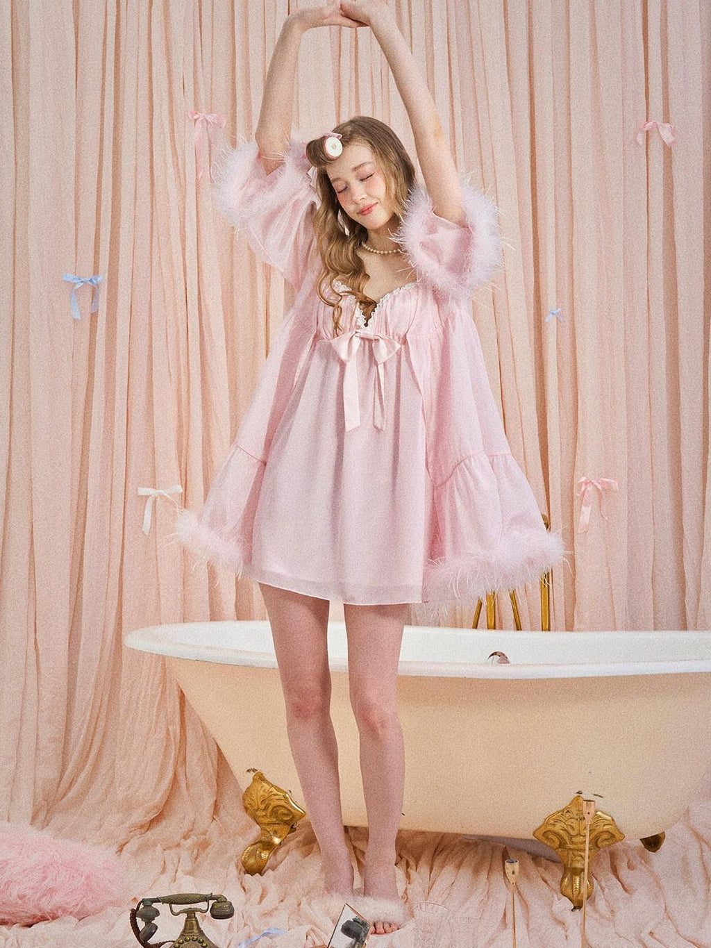 Girly Fancy Club Soft Mist Pink Feather Trim Patchwork Dolllike Women's Polyester Cardigans