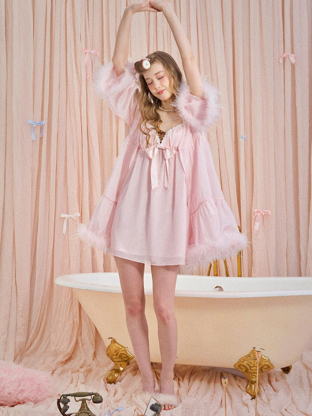 Girly Fancy Club Soft Mist Pink Feather Trim Patchwork Dolllike Women's Polyester Cardigans