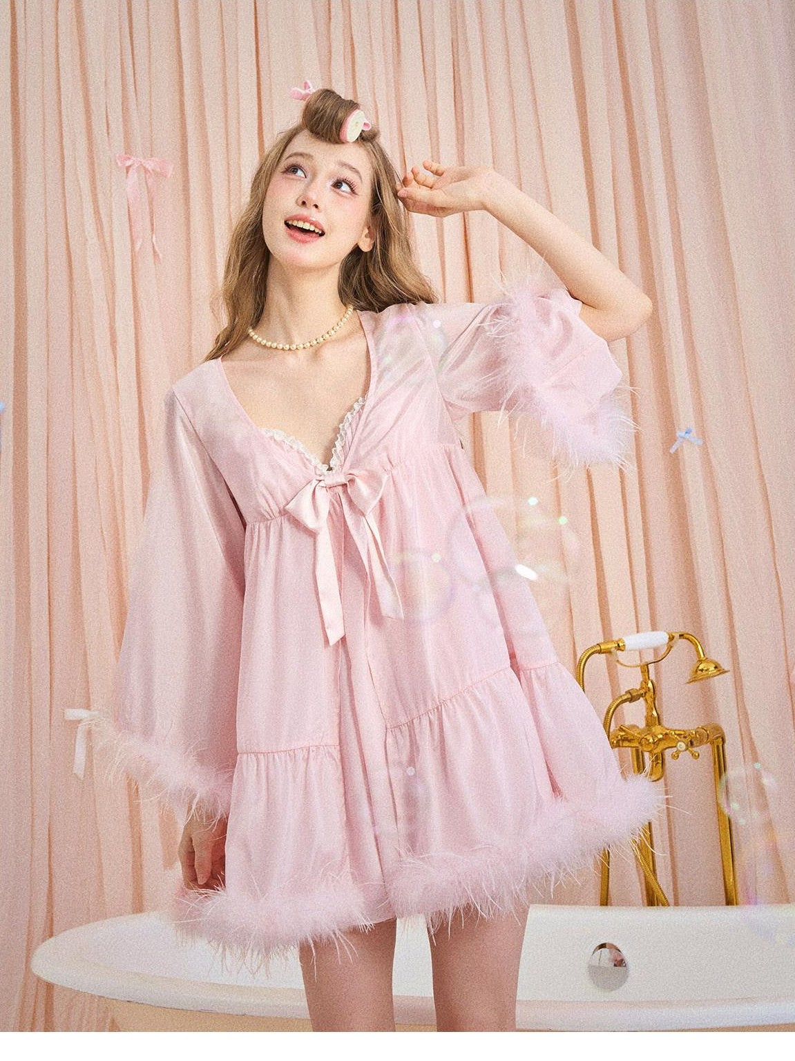 Girly Fancy Club Soft Mist Pink Feather Trim Patchwork Dolllike Women's Polyester Cardigans