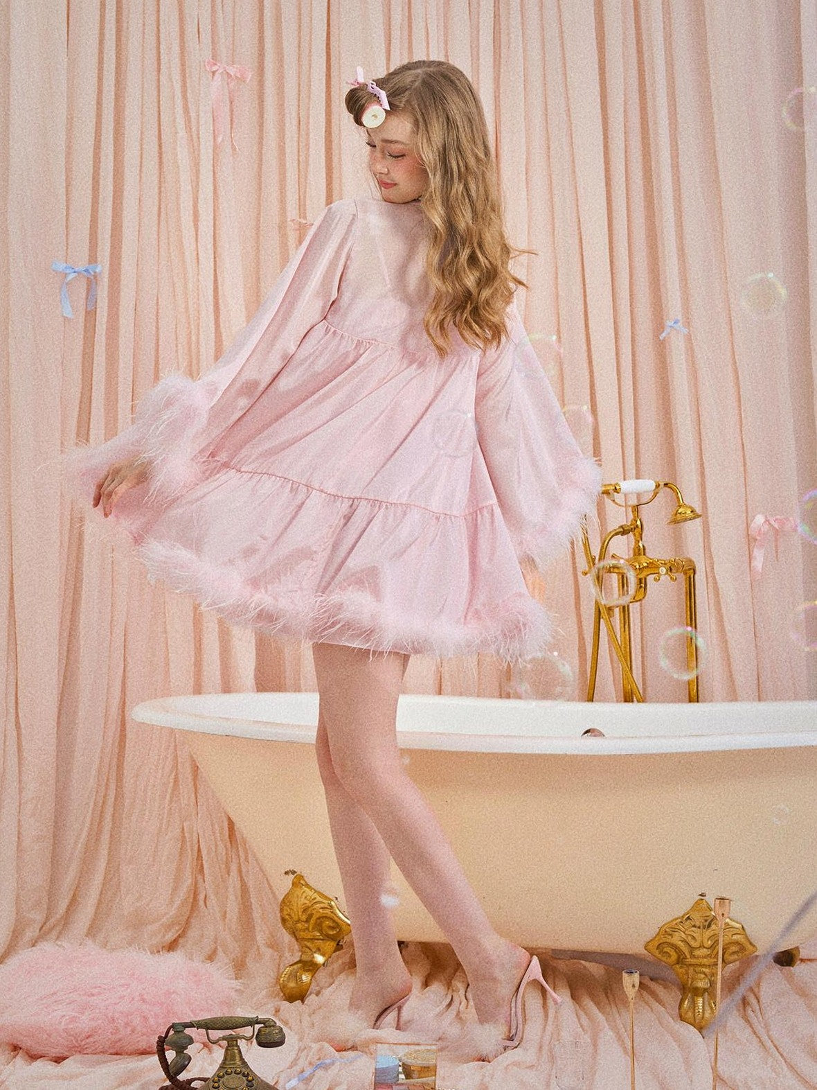 Girly Fancy Club Soft Mist Pink Feather Trim Patchwork Dolllike Women's Polyester Cardigans