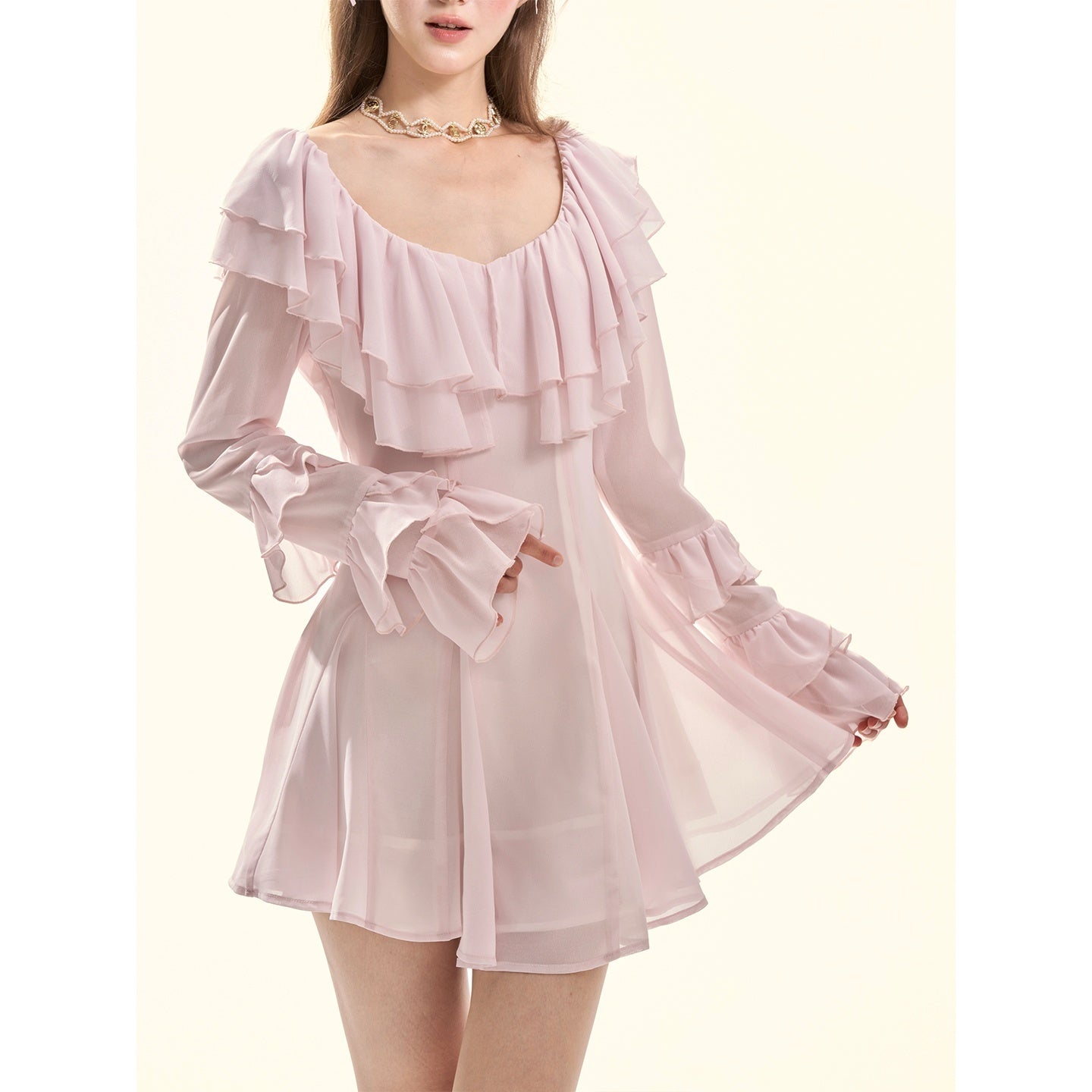 Girly_Fancy_Club_Soft_Pink_Ruffle_Hem_A_Line_Bell_Sleeve_Women's_Chiffon_Casual_Mini_Dresses_1008203185694_MISSTT