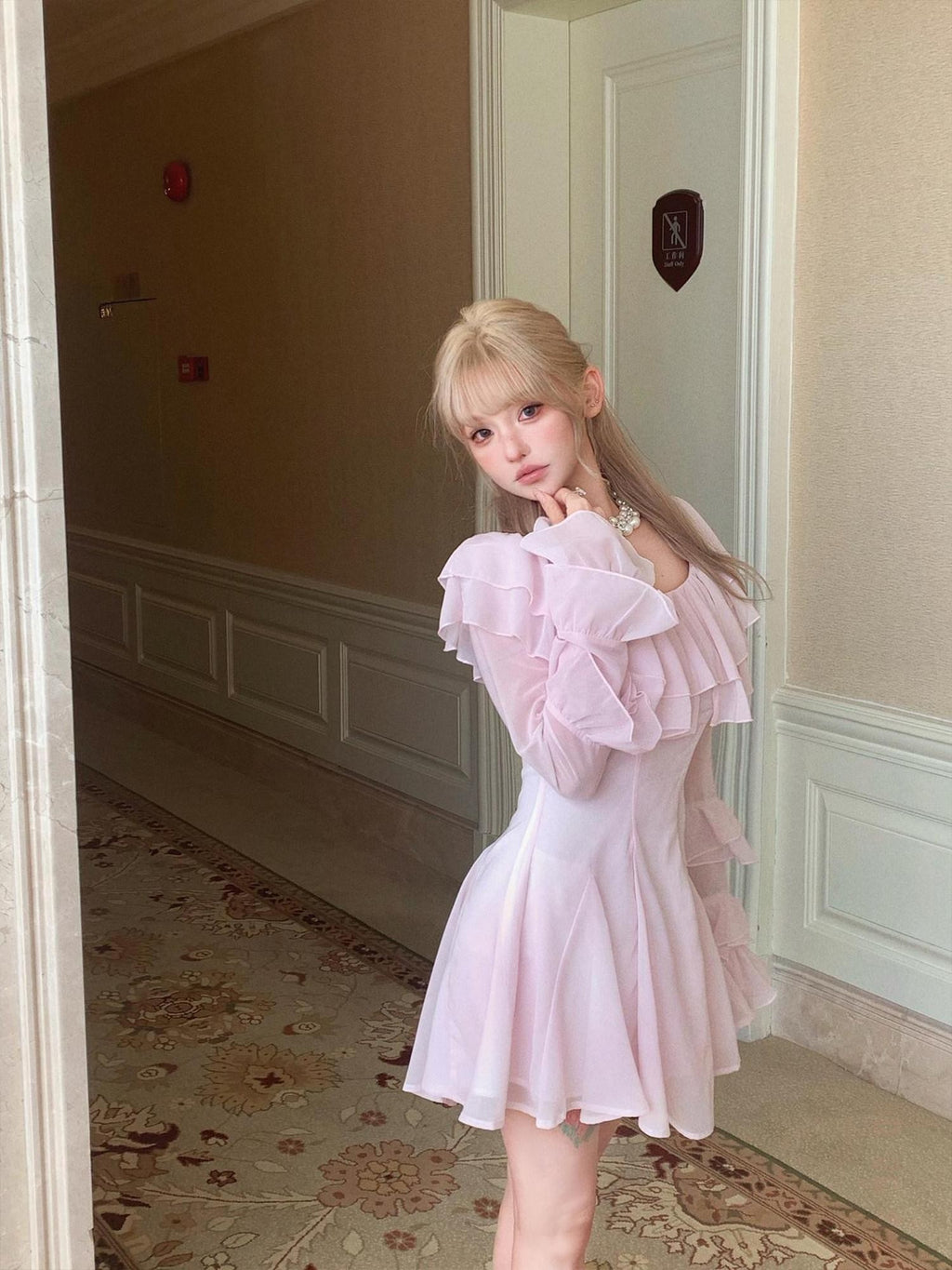 Girly Fancy Club Soft Pink Ruffle Hem A Line Bell Sleeve Women's Chiffon Casual Mini Dresses