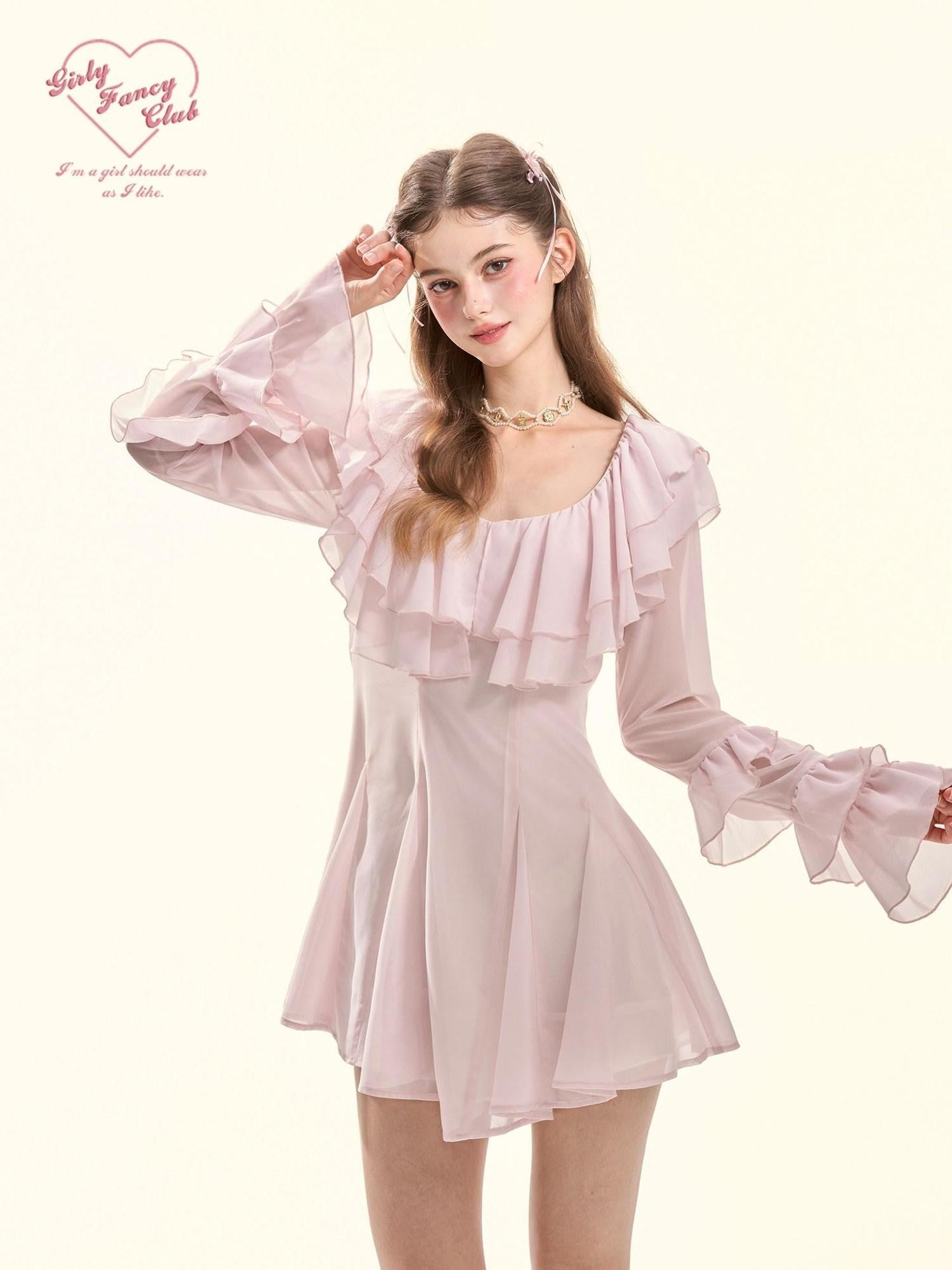 Girly Fancy Club Soft Pink Ruffle Hem A Line Bell Sleeve Women's Chiffon Casual Mini Dresses