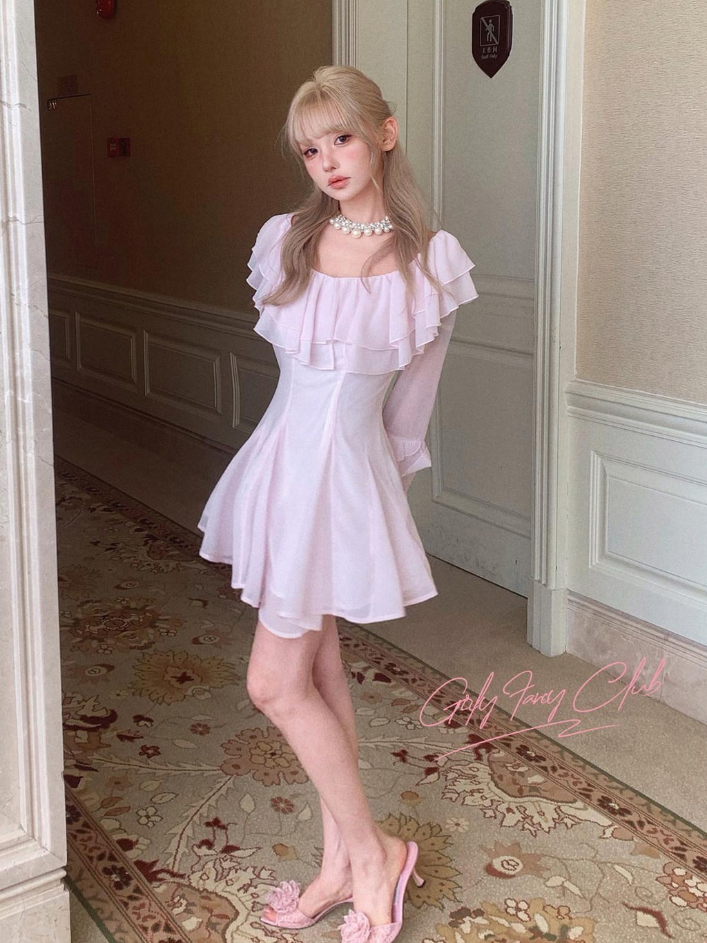 Girly Fancy Club Soft Pink Ruffle Hem A Line Bell Sleeve Women's Chiffon Casual Mini Dresses
