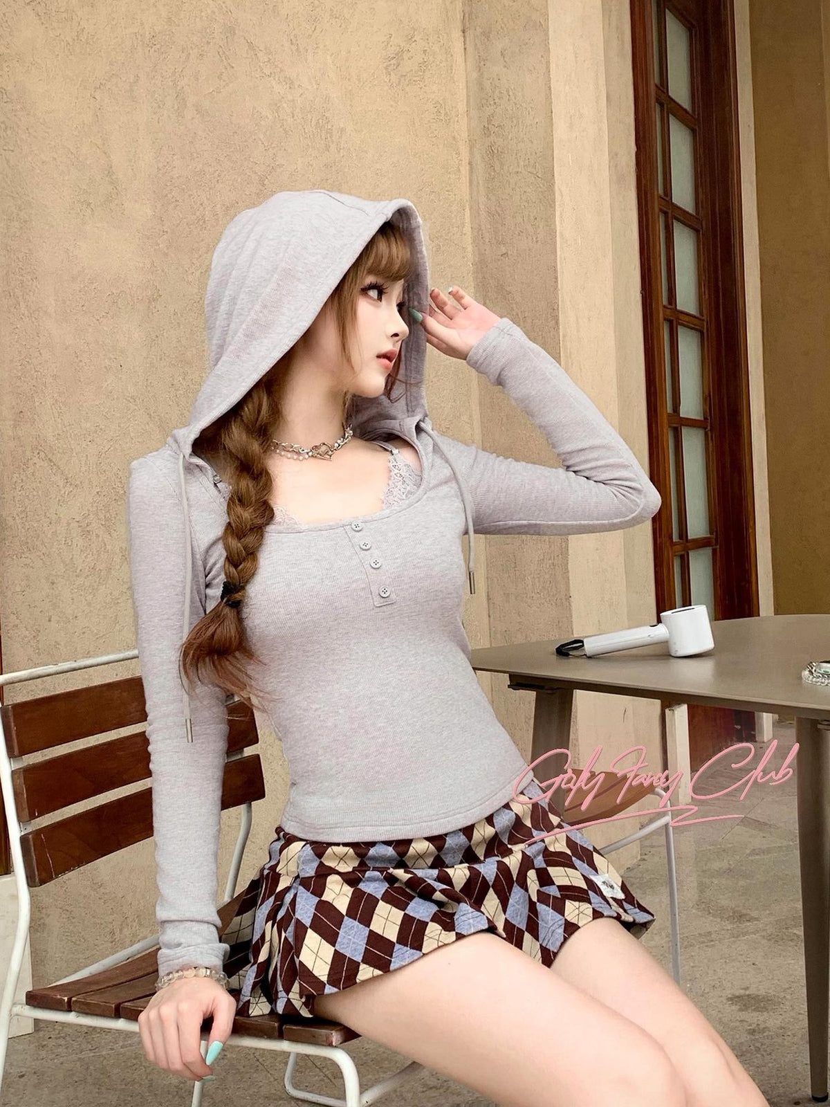 Girly Fancy Club Solid Faux Layered Hooded Slim Fit Women's Knit Long Sleeve T-shirts