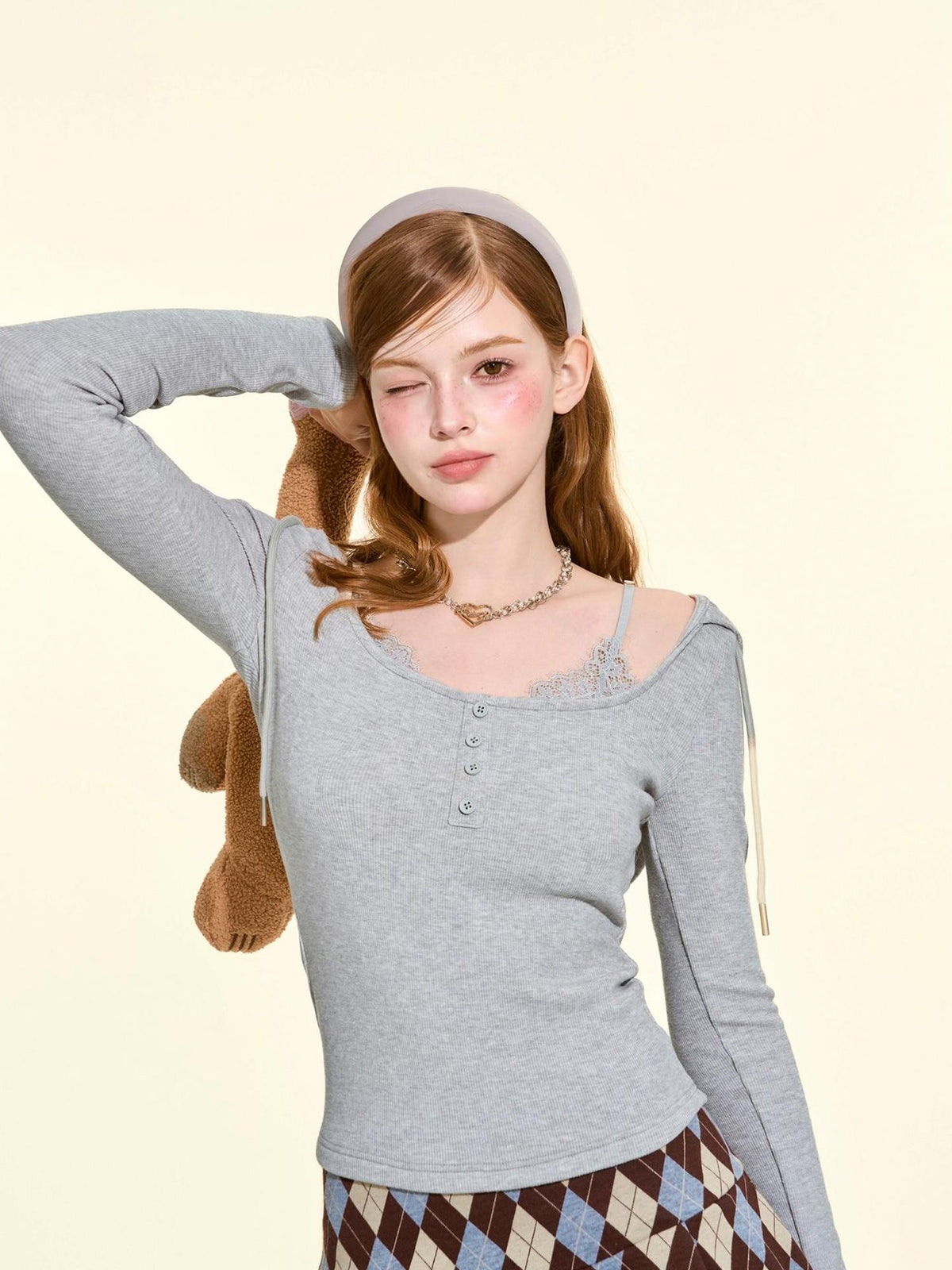 Girly Fancy Club Solid Faux Layered Hooded Slim Fit Women's Knit Long Sleeve T-shirts