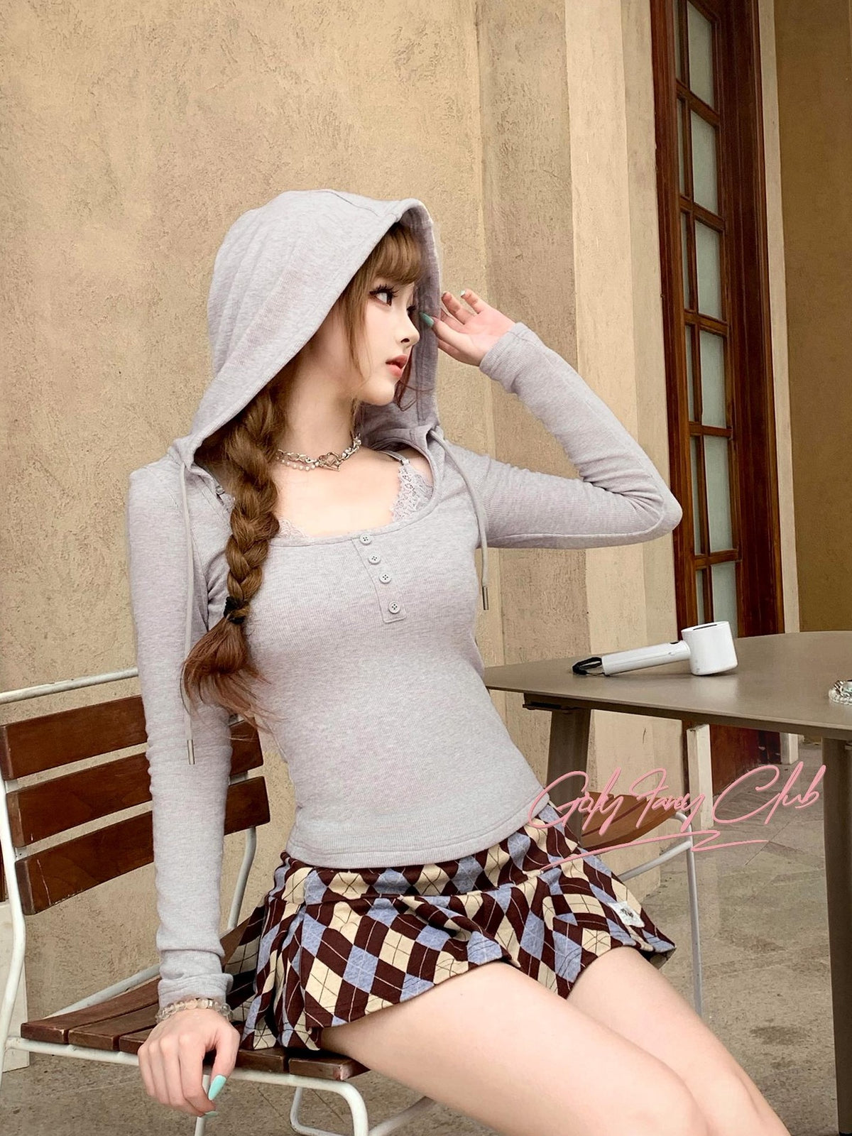 Girly Fancy Club Solid Faux Layered Hooded Slim Fit Women's Knit Long Sleeve T-shirts