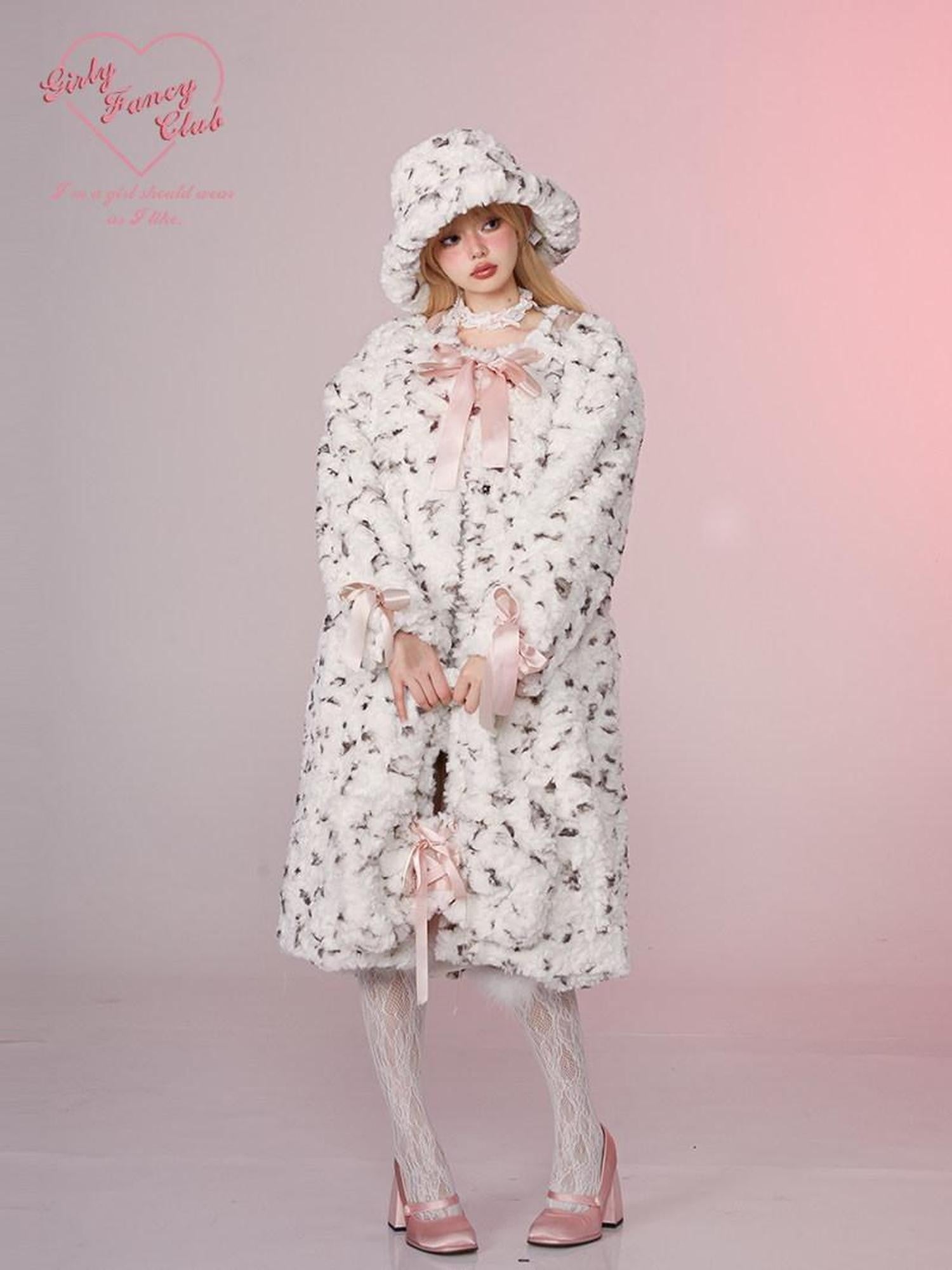 Girly Fancy Club Spotted Printed Round Neck Women's Longline Thick Rex Rabbit Faux Fur Coats
