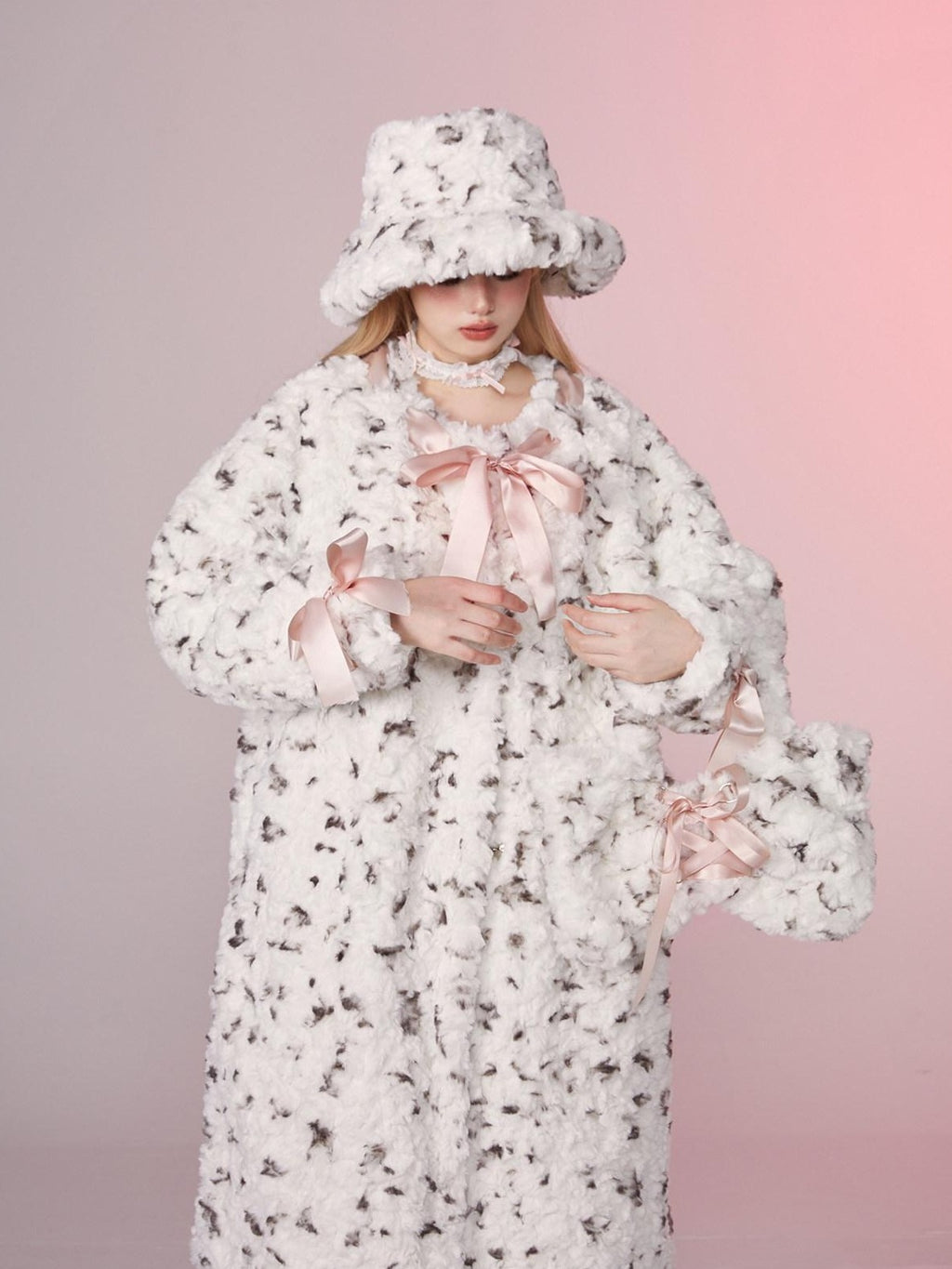 Girly Fancy Club Spotted Printed Round Neck Women's Longline Thick Rex Rabbit Faux Fur Coats