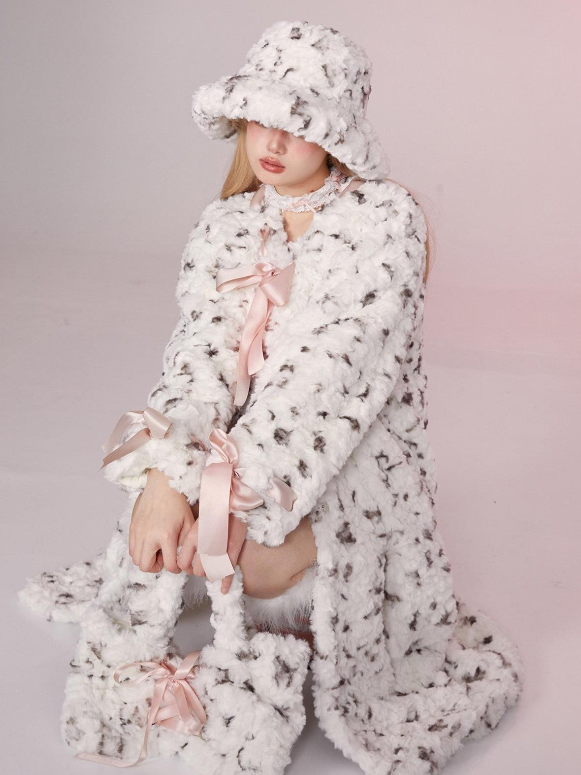 Girly Fancy Club Spotted Printed Round Neck Women's Longline Thick Rex Rabbit Faux Fur Coats