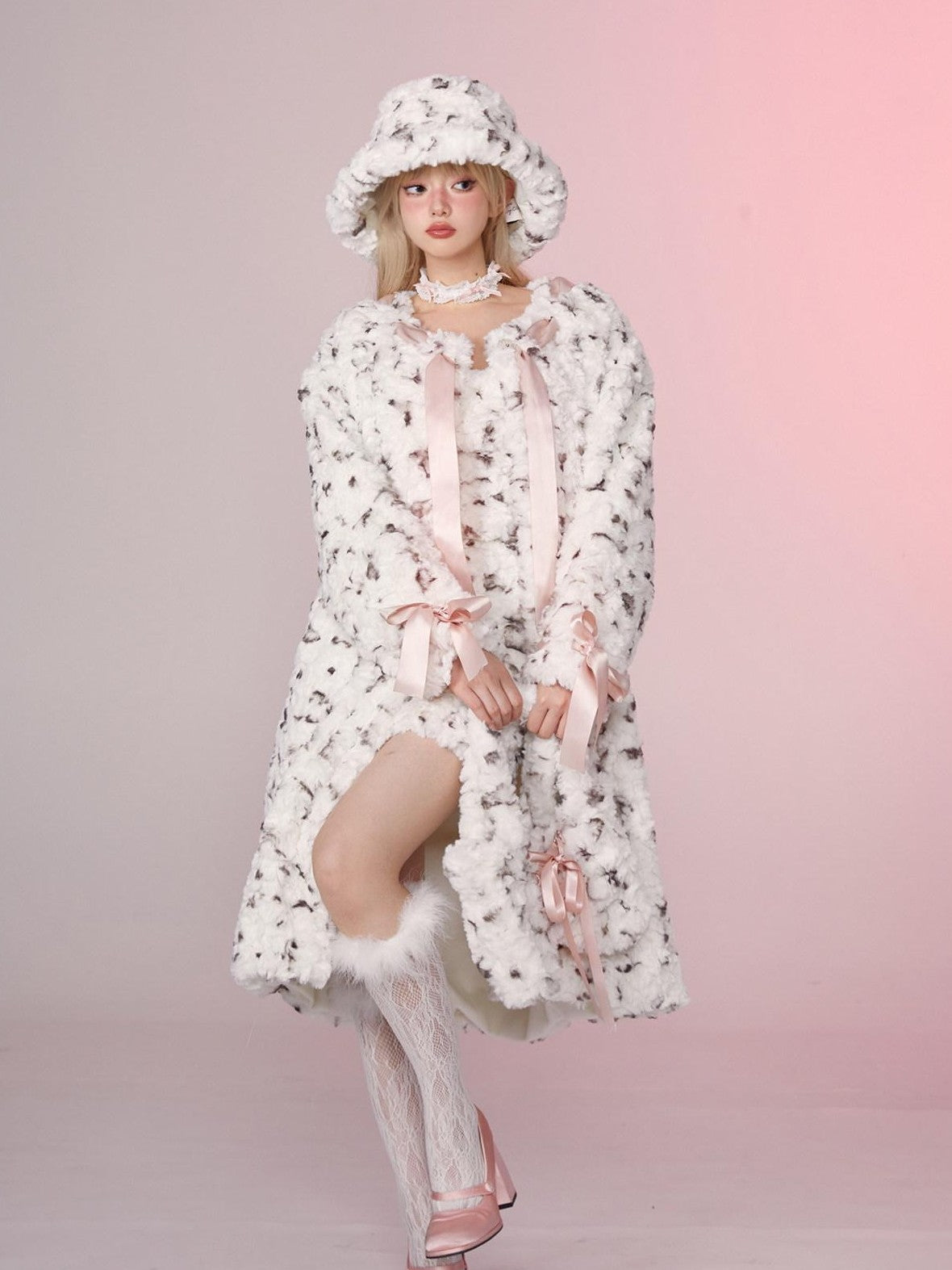 Girly Fancy Club Spotted Printed Round Neck Women's Longline Thick Rex Rabbit Faux Fur Coats