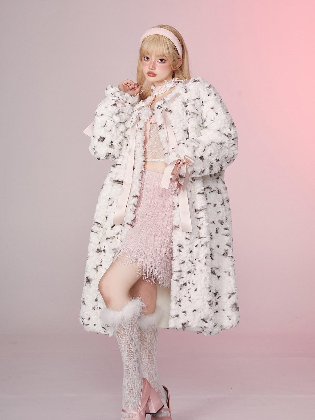 Girly Fancy Club Spotted Printed Round Neck Women's Longline Thick Rex Rabbit Faux Fur Coats