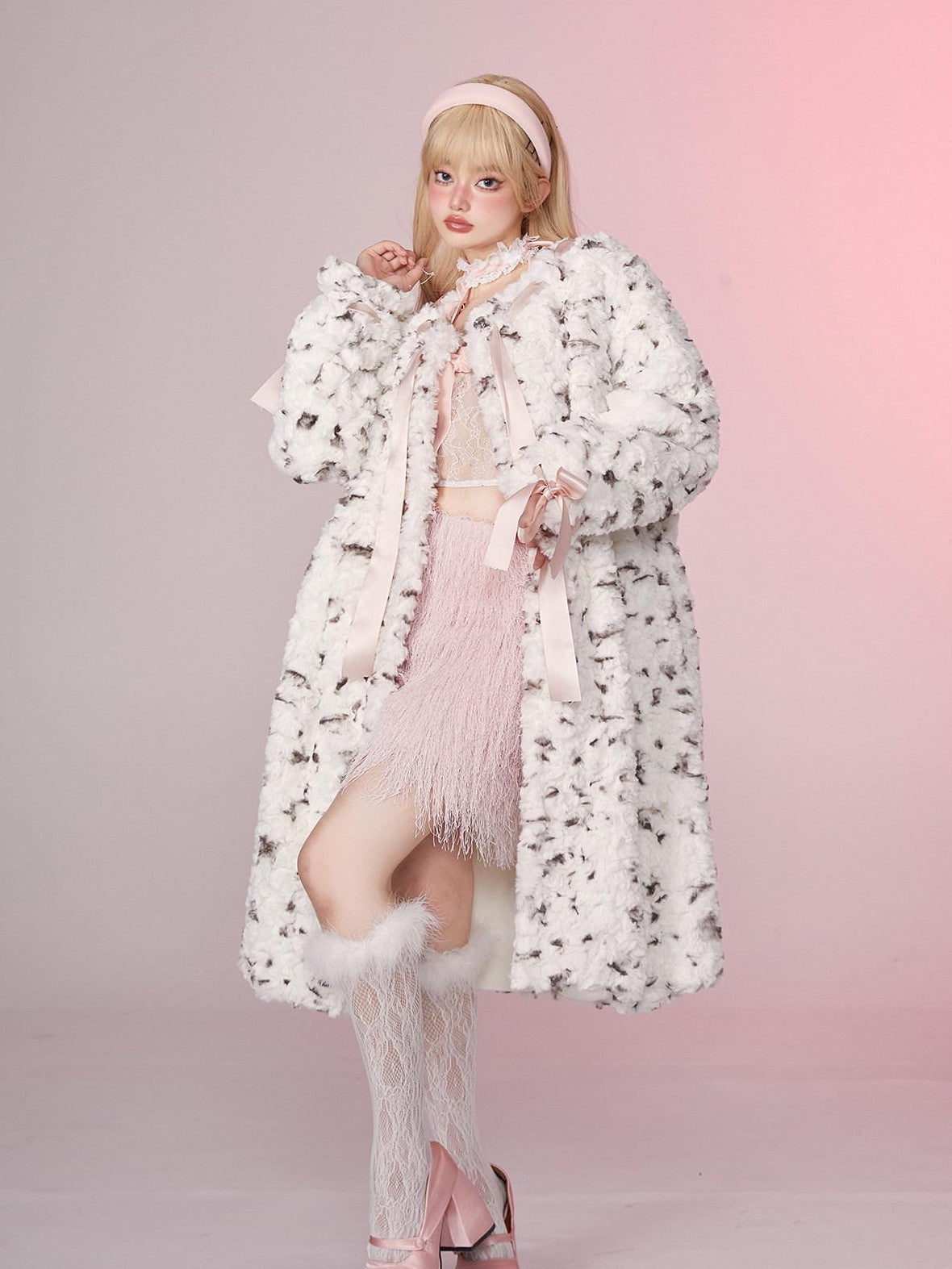 Girly Fancy Club Spotted Printed Round Neck Women's Longline Thick Rex Rabbit Faux Fur Coats