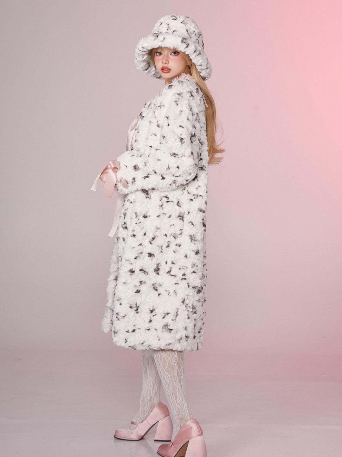 Girly Fancy Club Spotted Printed Round Neck Women's Longline Thick Rex Rabbit Faux Fur Coats