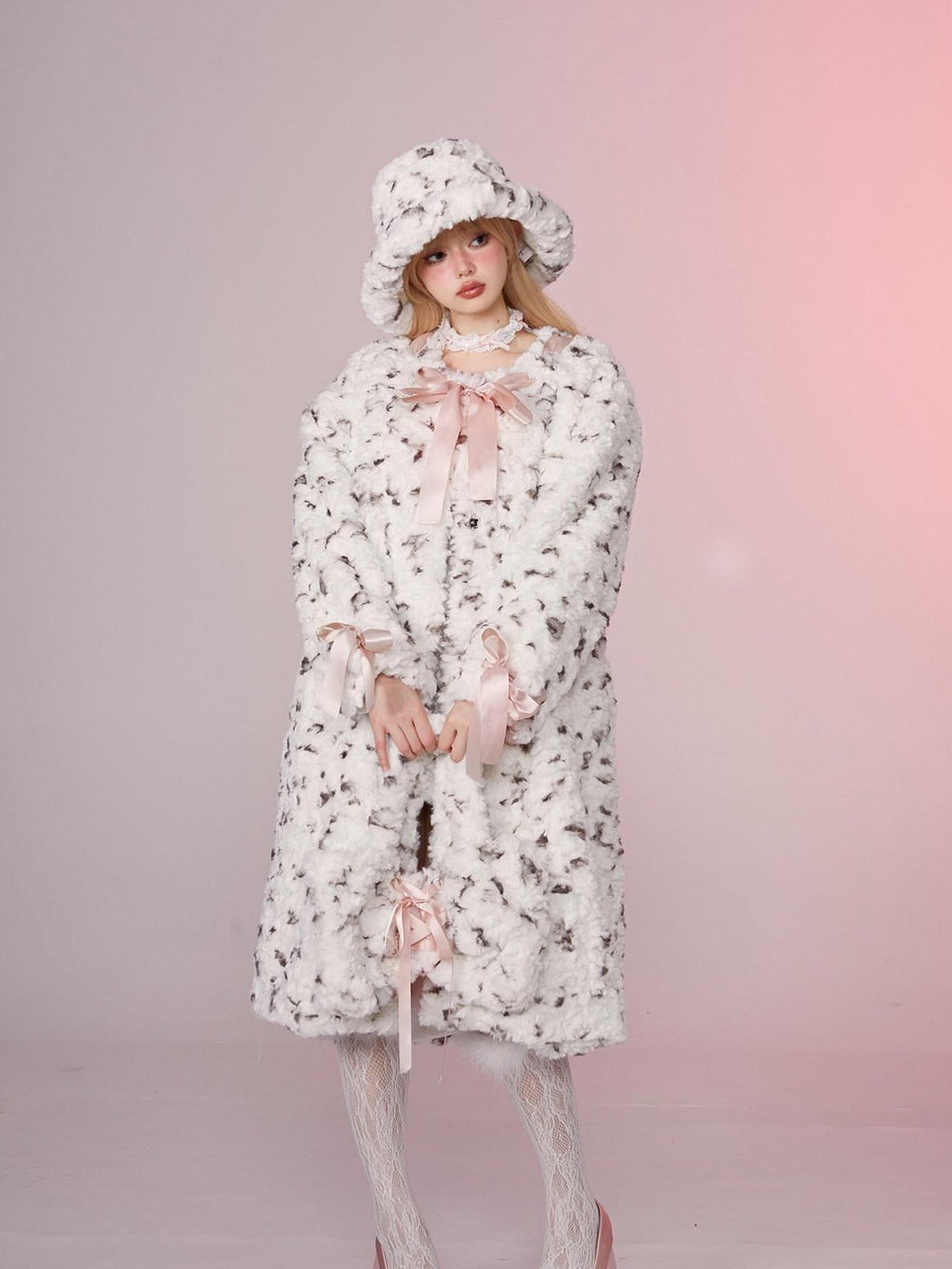 Girly Fancy Club Spotted Printed Round Neck Women's Longline Thick Rex Rabbit Faux Fur Coats