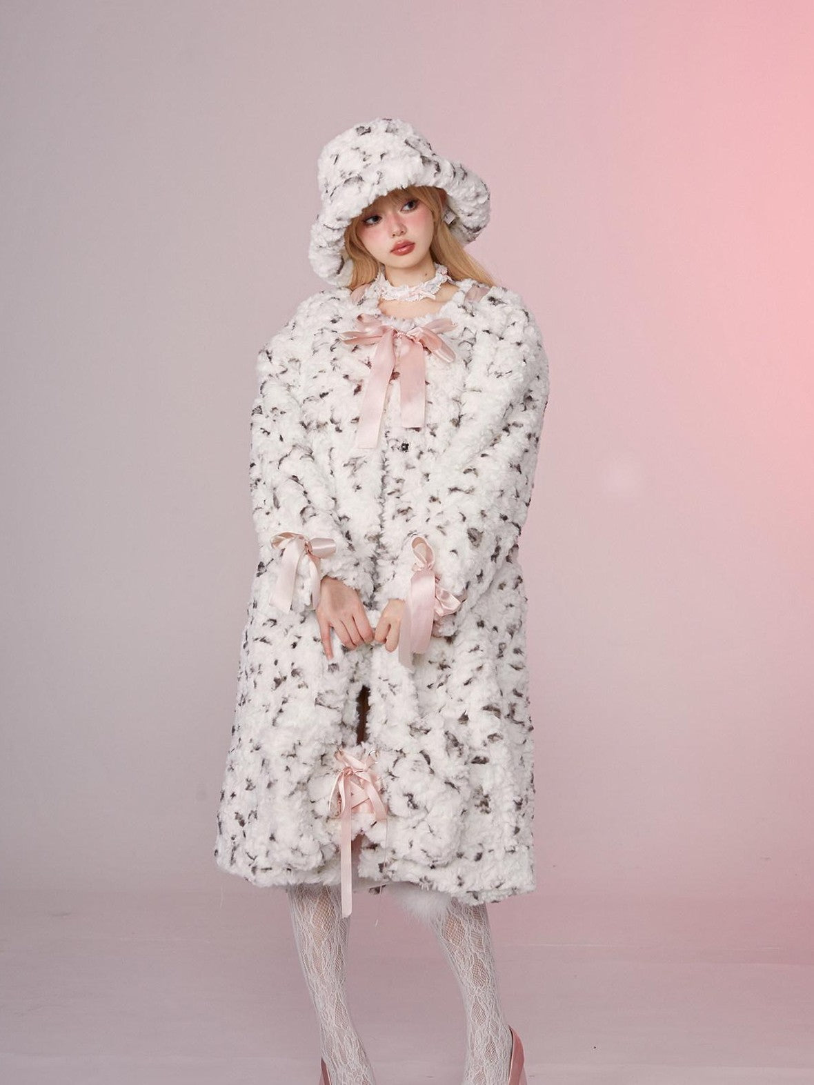Girly Fancy Club Spotted Printed Round Neck Women's Longline Thick Rex Rabbit Faux Fur Coats