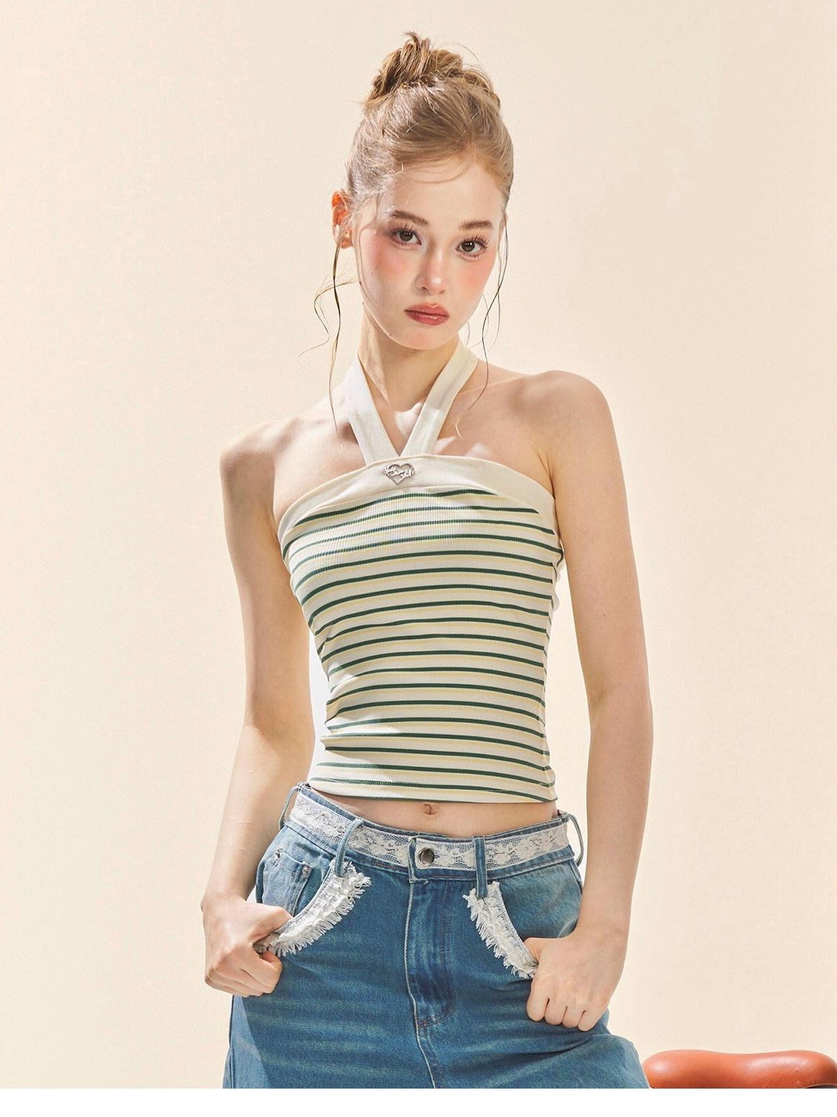 Girly Fancy Club Striped Backless Slim Fit Women's Knitted High Stretch Halter Tops
