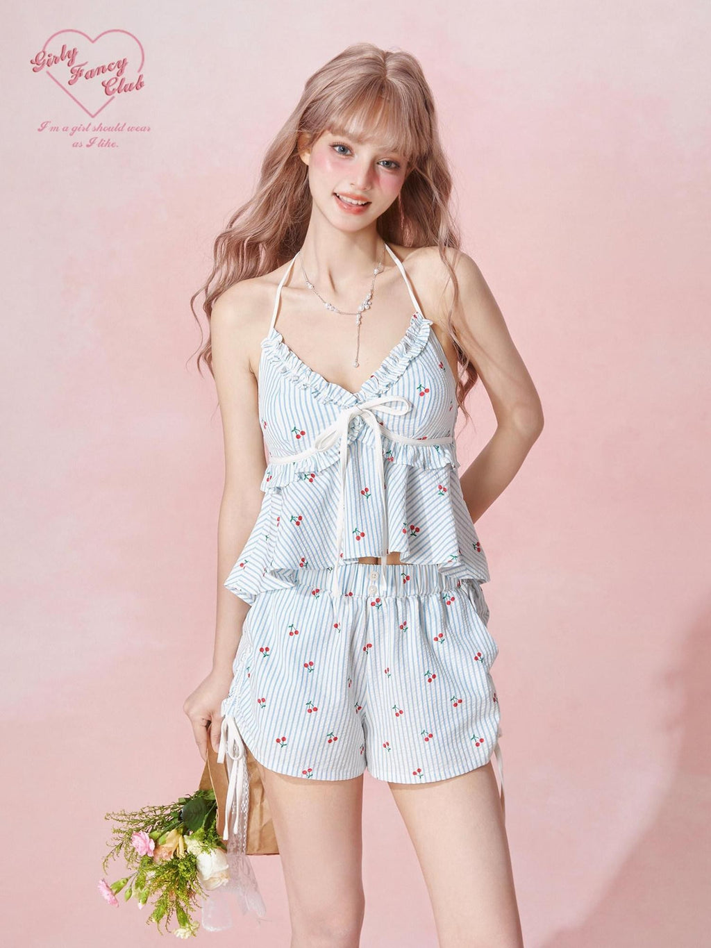 Girly Fancy Club Striped Cherry Print V-neck Cami Women's Tencel Cotton Casual Top & Shorts Sets