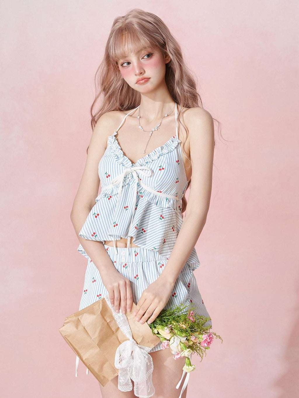 Girly Fancy Club Striped Cherry Print V-neck Cami Women's Tencel Cotton Casual Top & Shorts Sets