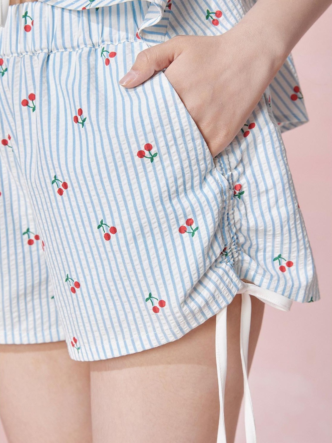 Girly Fancy Club Striped Cherry Print V-neck Cami Women's Tencel Cotton Casual Top & Shorts Sets