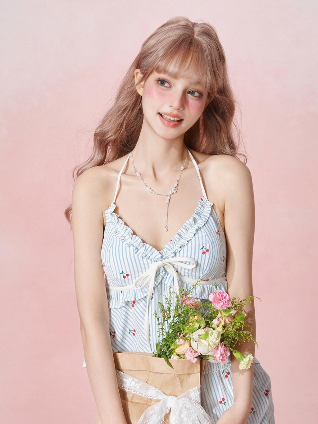 Girly Fancy Club Striped Cherry Print V-neck Cami Women's Tencel Cotton Casual Top & Shorts Sets