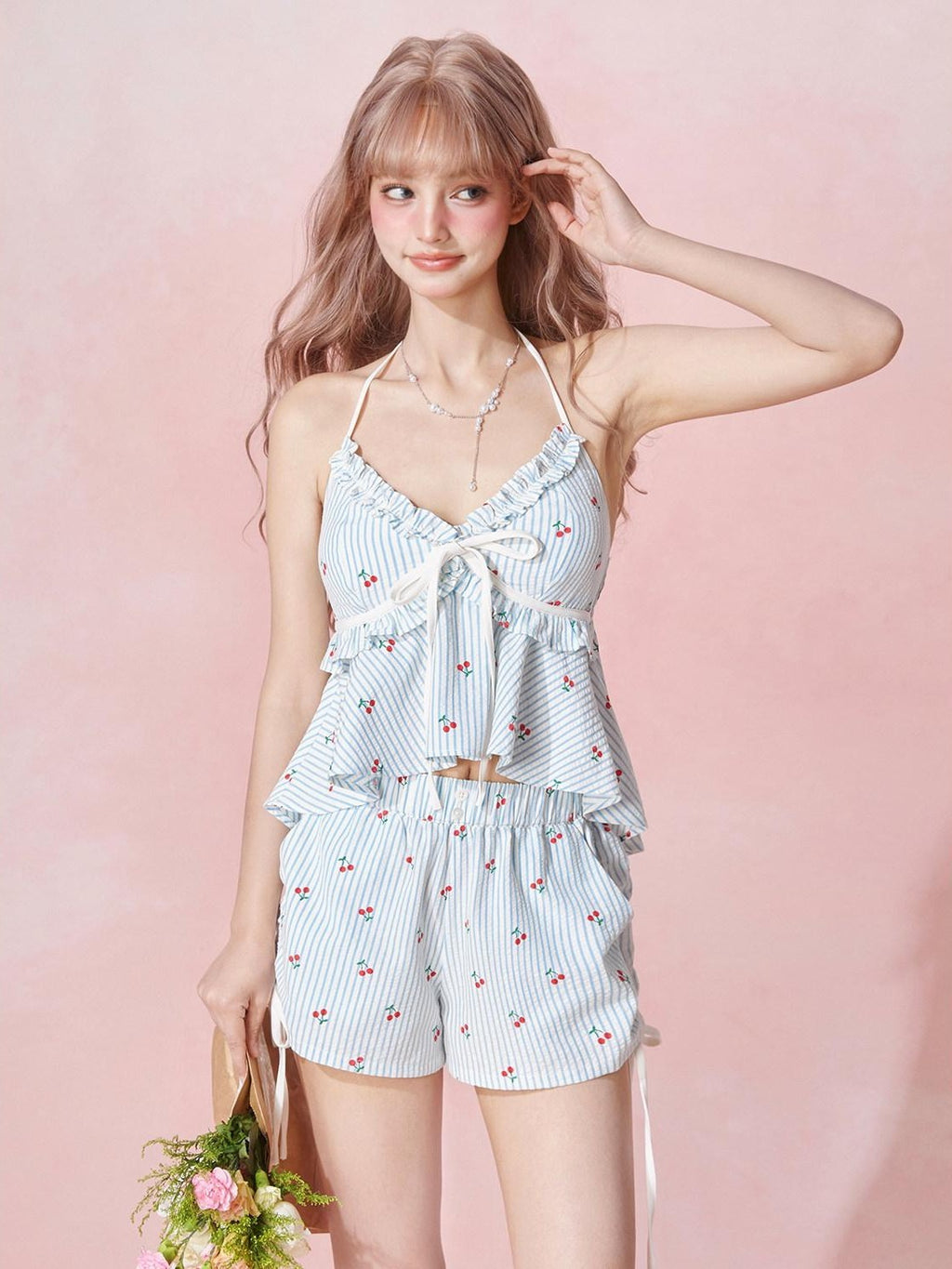 Girly Fancy Club Striped Cherry Print V-neck Cami Women's Tencel Cotton Casual Top & Shorts Sets