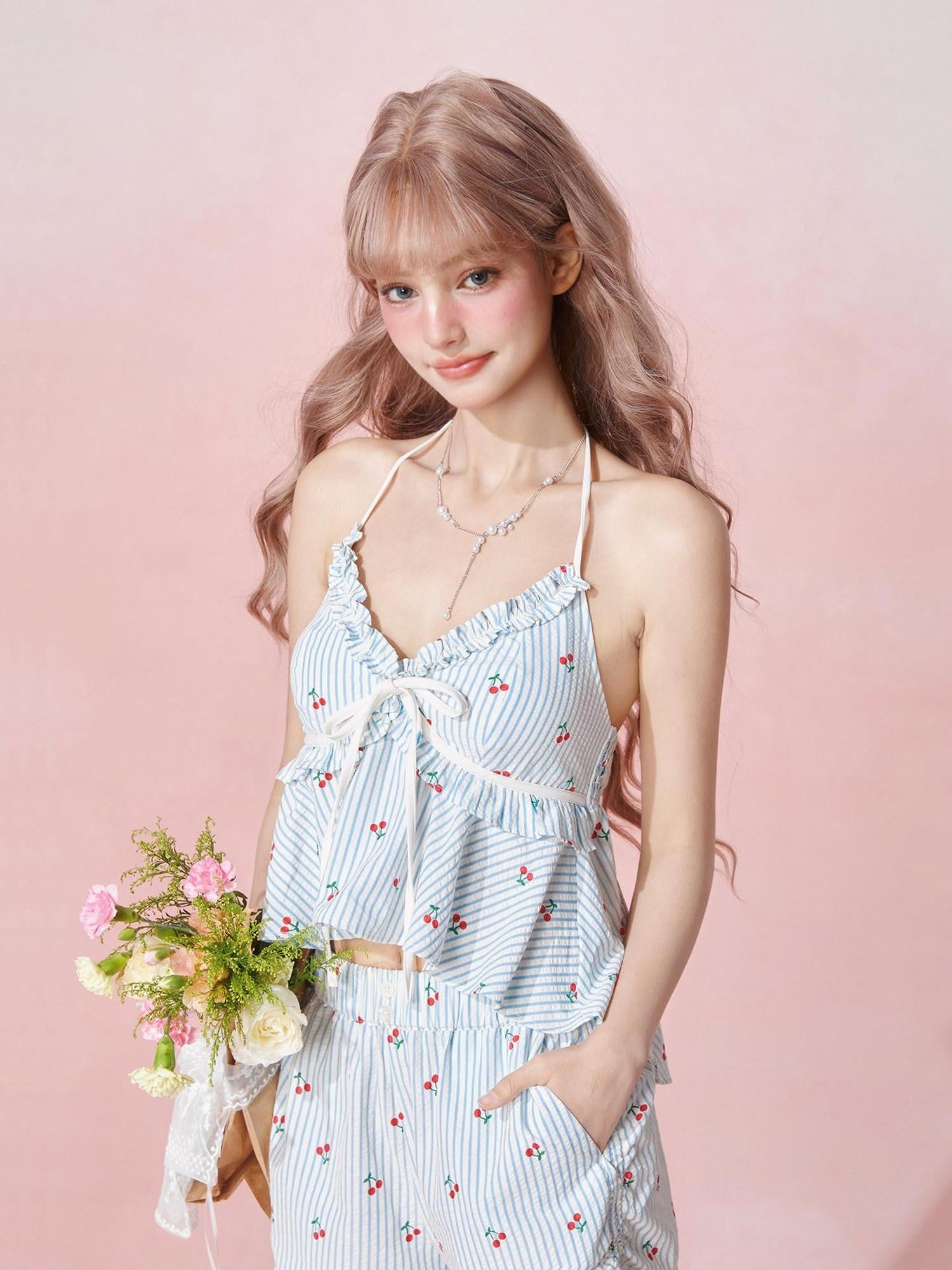 Girly Fancy Club Striped Cherry Print V-neck Cami Women's Tencel Cotton Casual Top & Shorts Sets