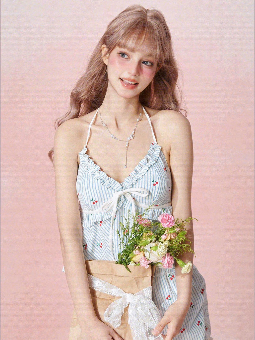 Girly Fancy Club Striped Cherry Print V-neck Cami Women's Tencel Cotton Casual Top & Shorts Sets