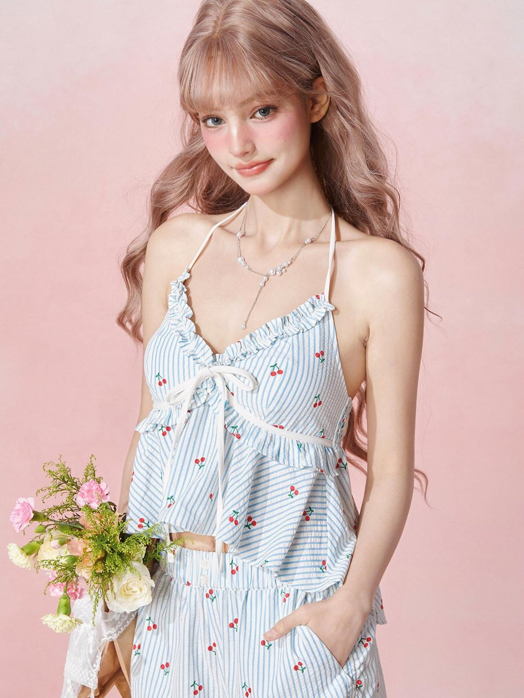 Girly Fancy Club Striped Cherry Print V-neck Cami Women's Tencel Cotton Casual Top & Shorts Sets