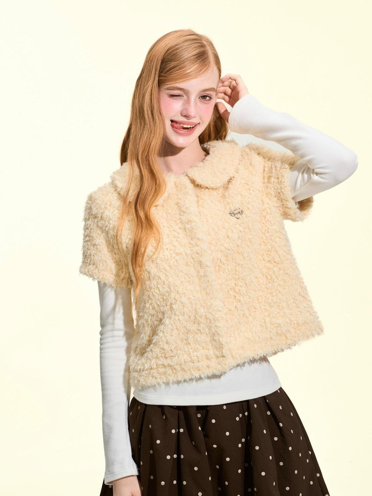 Girly Fancy Club Teddy Fleece Doll Collar Short Sleeve Women's Vests