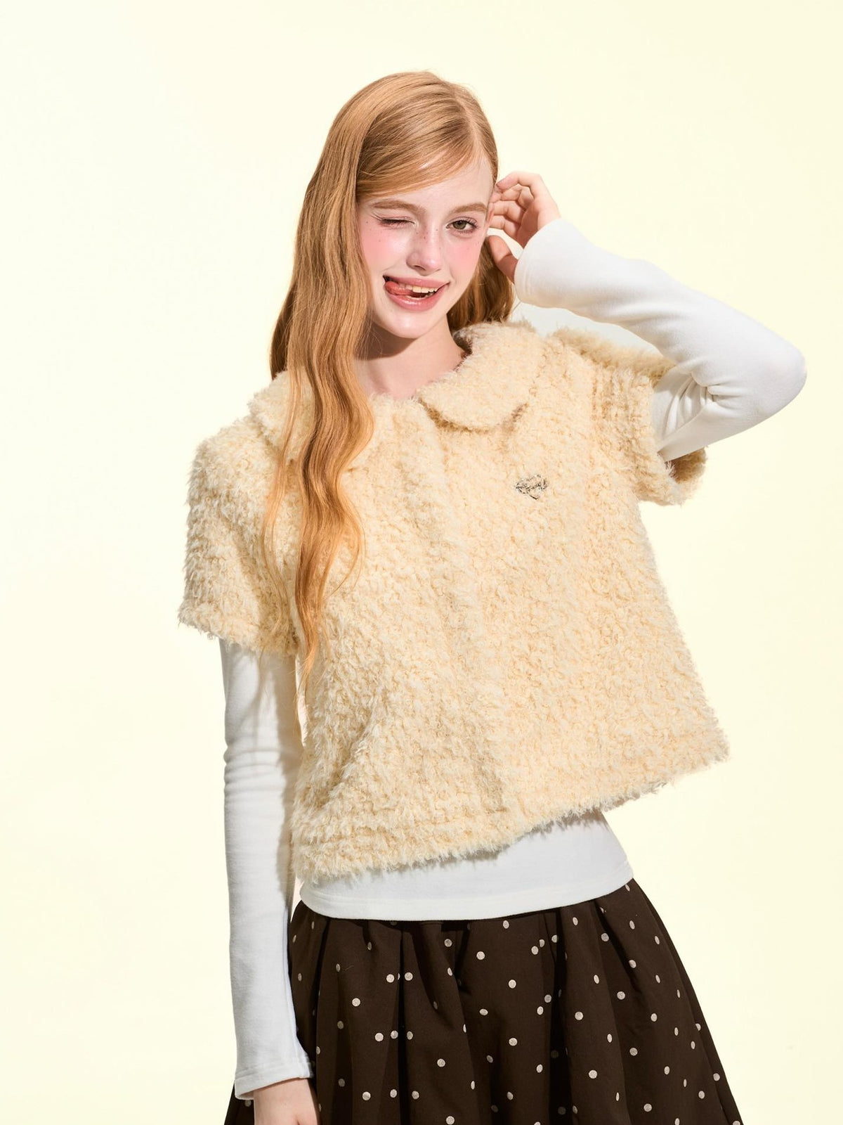 Girly Fancy Club Teddy Fleece Doll Collar Short Sleeve Women's Vests