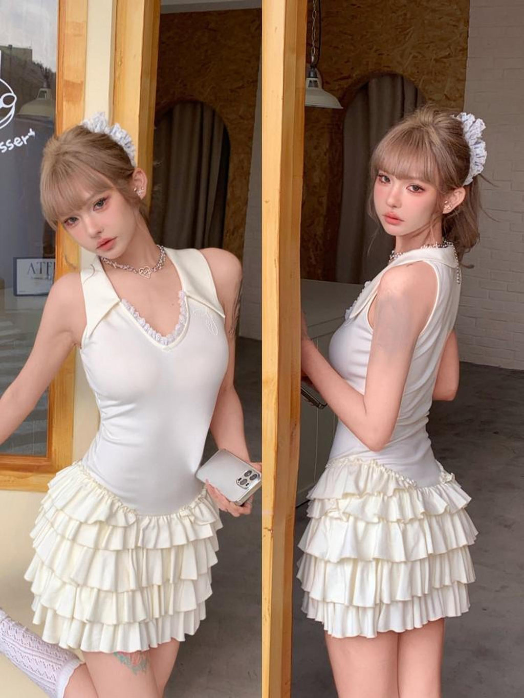 Girly Fancy Club V-neck Lace Cake Skirt Women's Regenerated Fiber Slip Mini Dresses