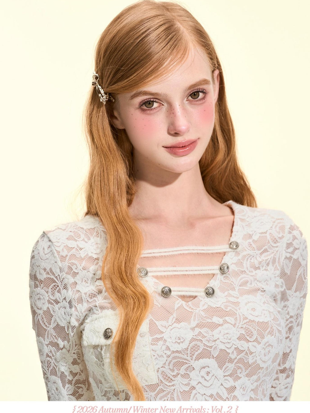 Girly Fancy Club V-neck Lace Embroidered Napoleon Button Women's Slim Fit Long Sleeve T-shirts