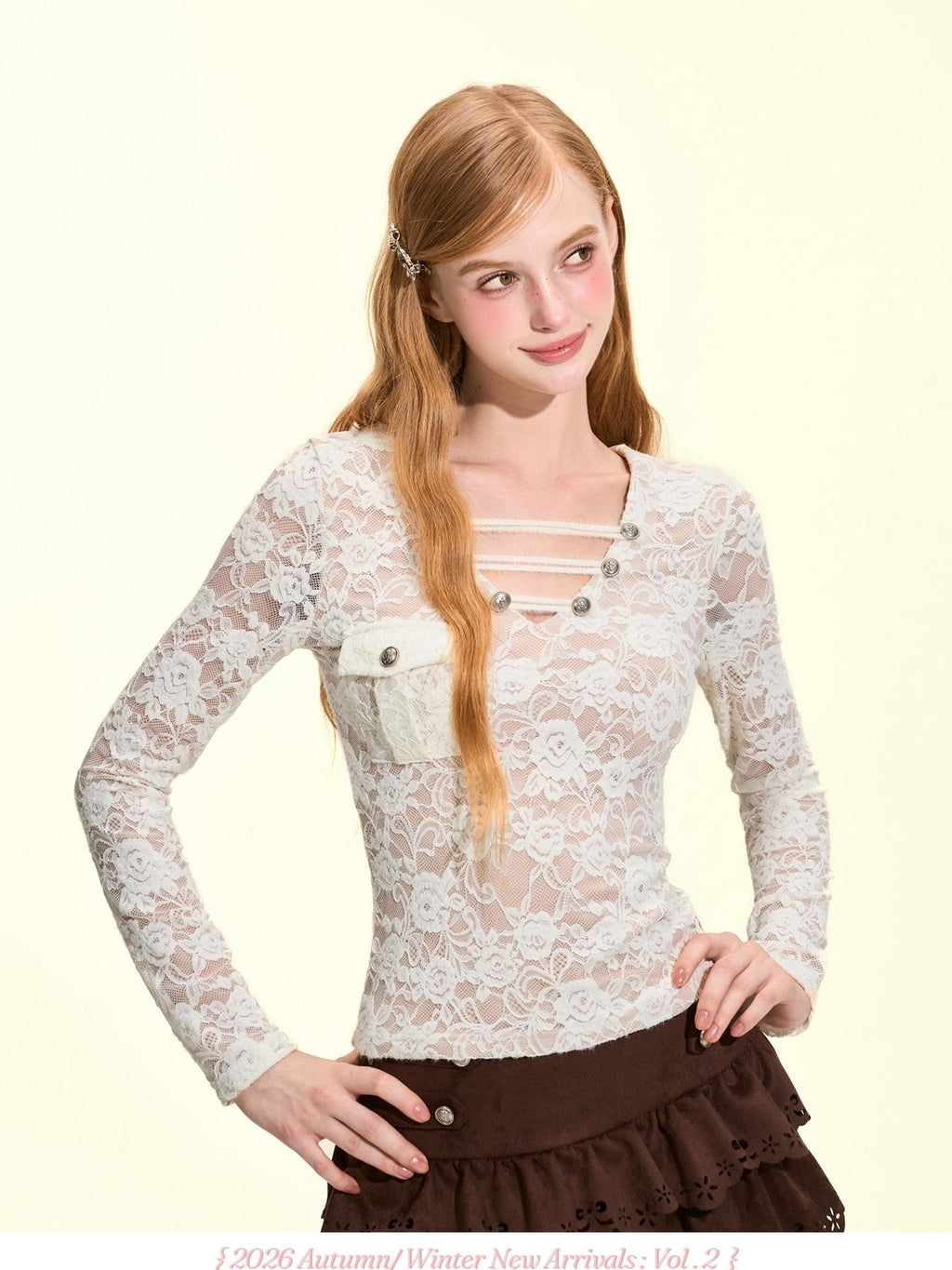 Girly Fancy Club V-neck Lace Embroidered Napoleon Button Women's Slim Fit Long Sleeve T-shirts