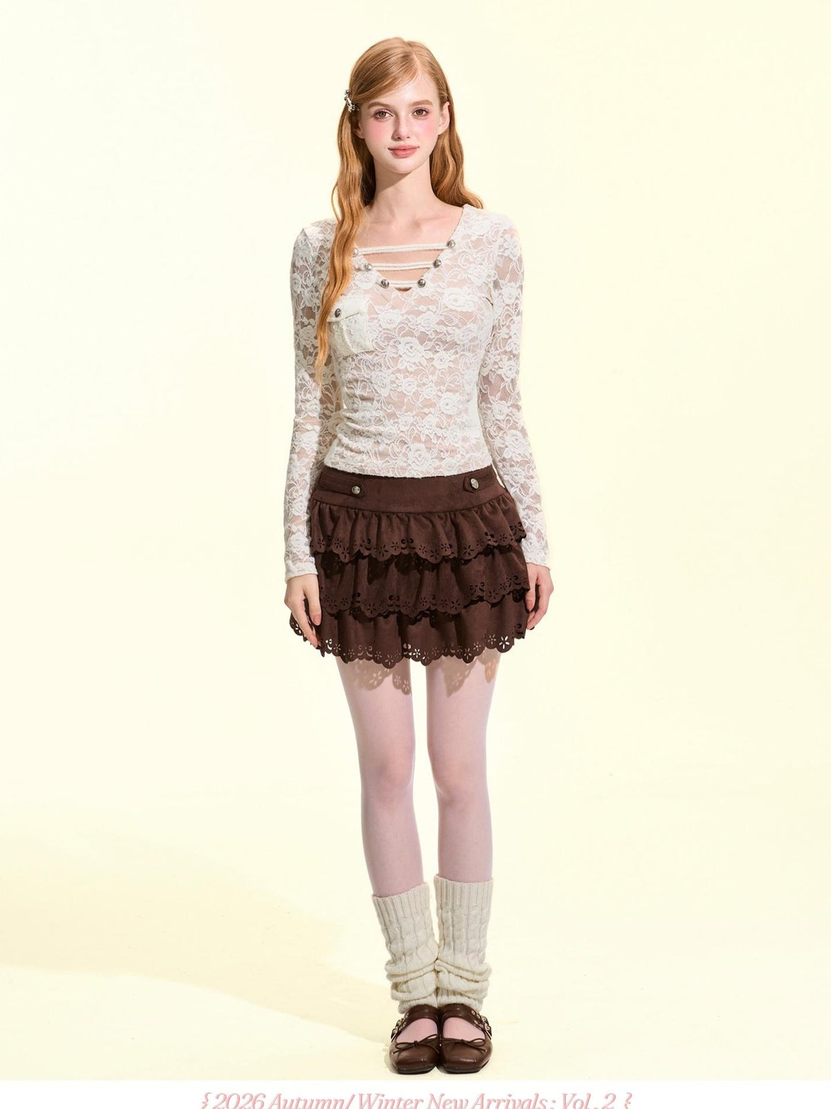 Girly Fancy Club V-neck Lace Embroidered Napoleon Button Women's Slim Fit Long Sleeve T-shirts