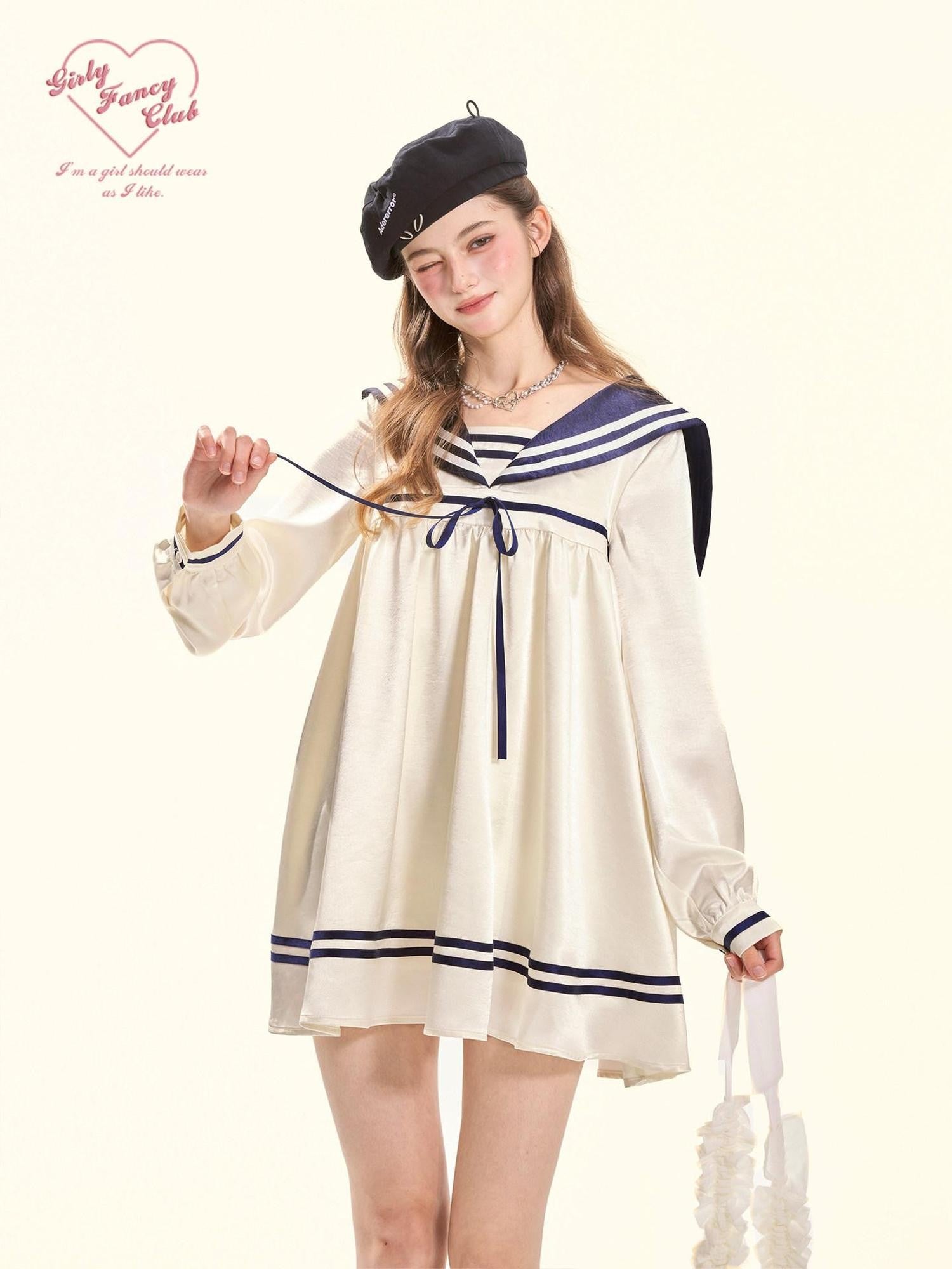 Girly Fancy Club Vanilla White Sailor Collar Colorblock Women's Satin Casual Mini Dresses