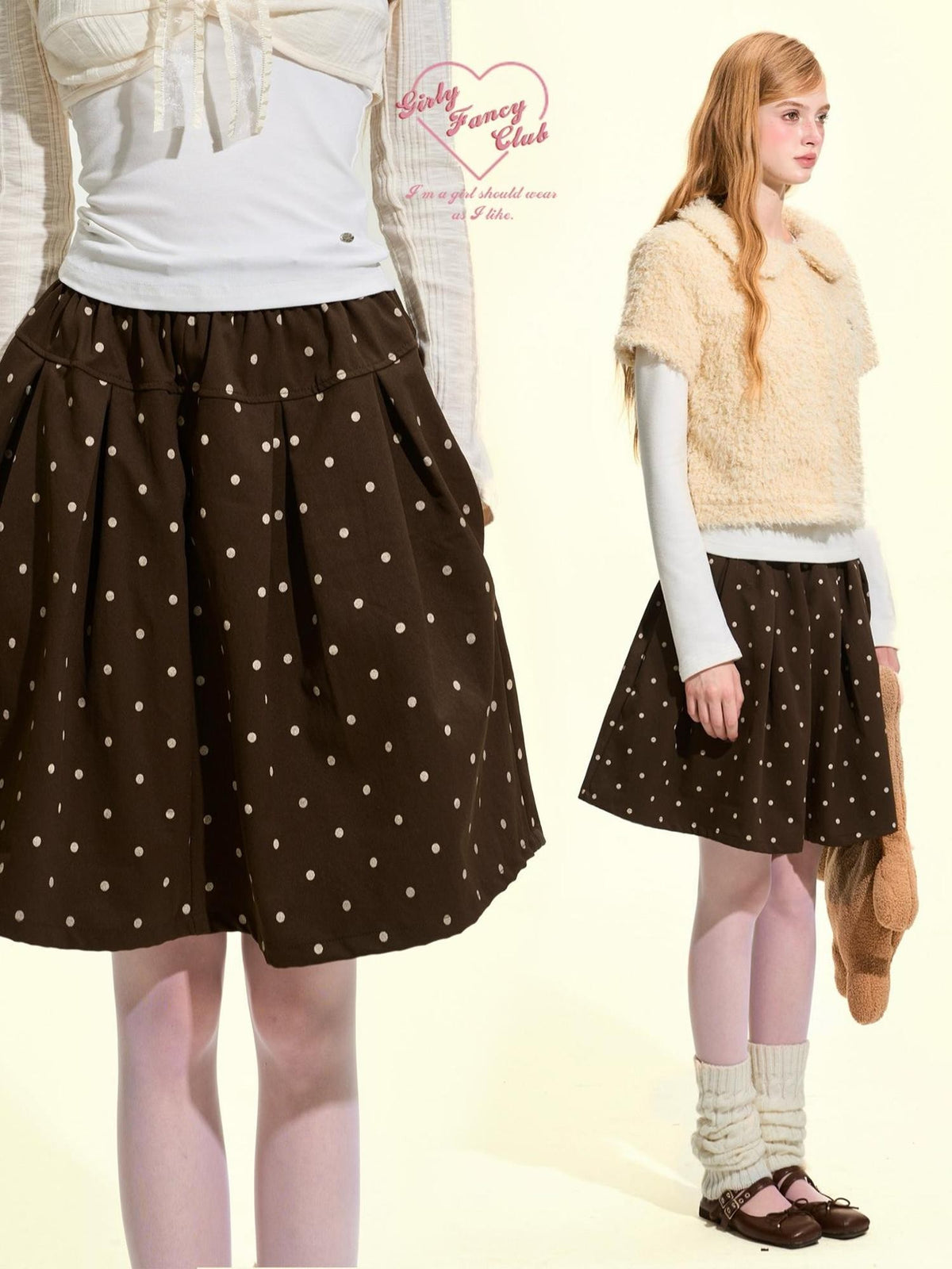 Girly Fancy Club Vintage Brown Polka Dot Ruched Bubble Hem Women's Polyester A-line Skirts