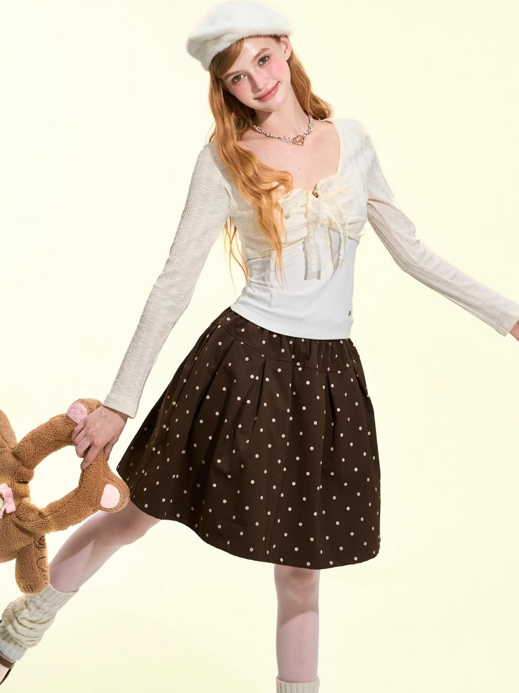 Girly Fancy Club Vintage Brown Polka Dot Ruched Bubble Hem Women's Polyester A-line Skirts