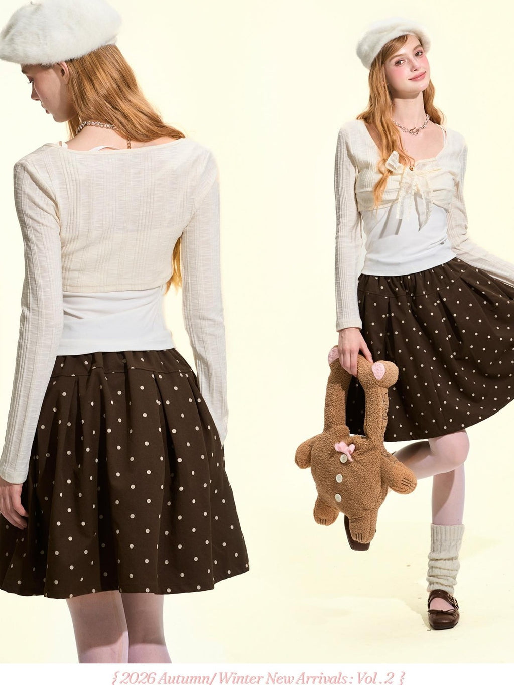 Girly Fancy Club Vintage Brown Polka Dot Ruched Bubble Hem Women's Polyester A-line Skirts