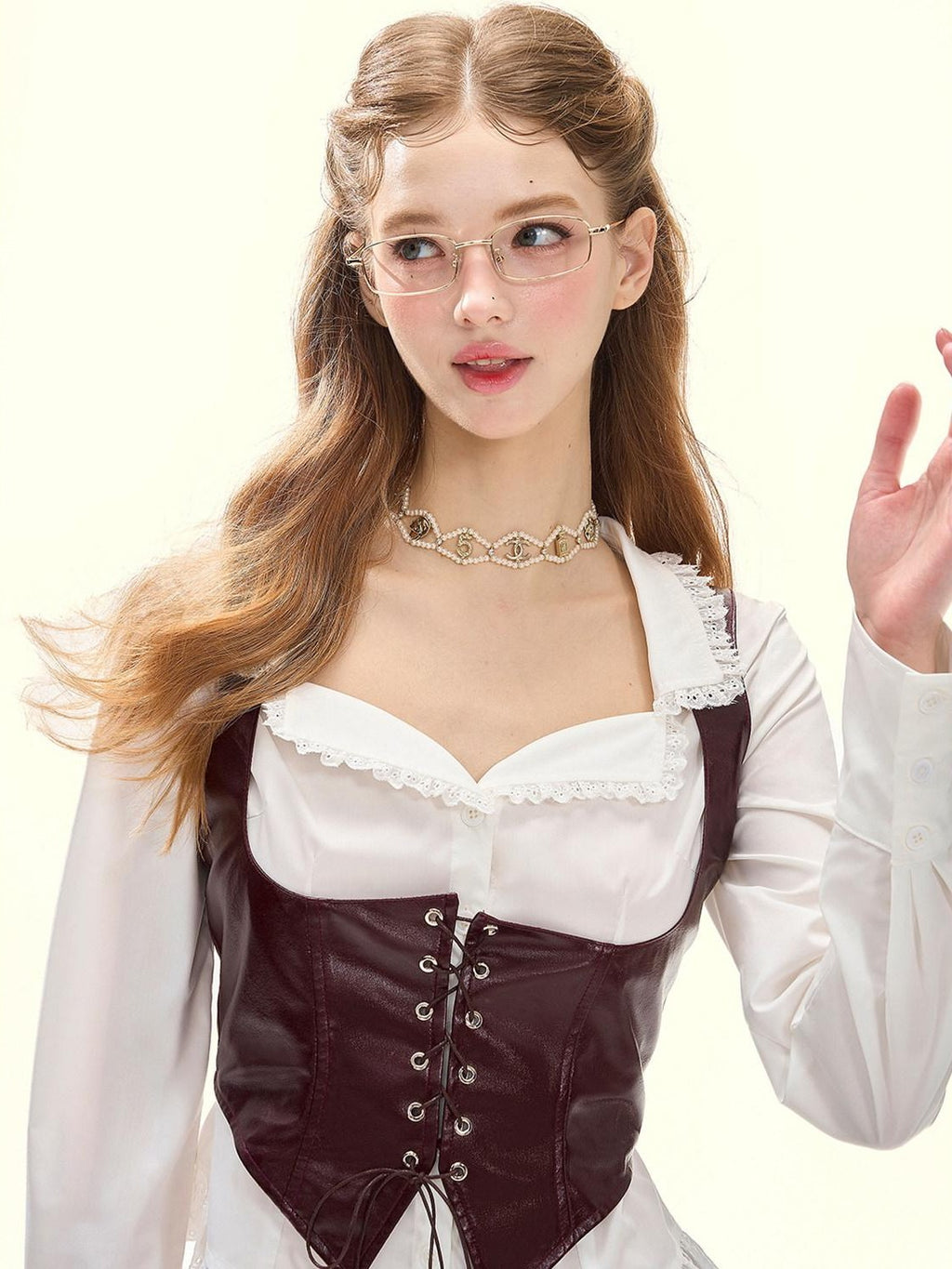 Girly Fancy Club Vintage Lace Up Cinched Waist Pleated Vest Women's Polyester Matching Skirt Sets