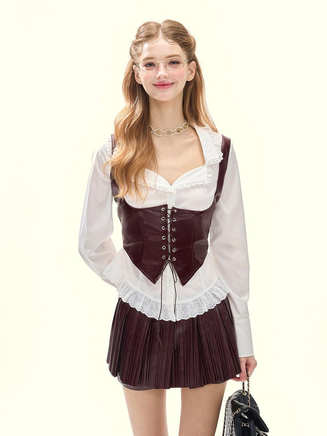 Girly Fancy Club Vintage Lace Up Cinched Waist Pleated Vest Women's Polyester Matching Skirt Sets