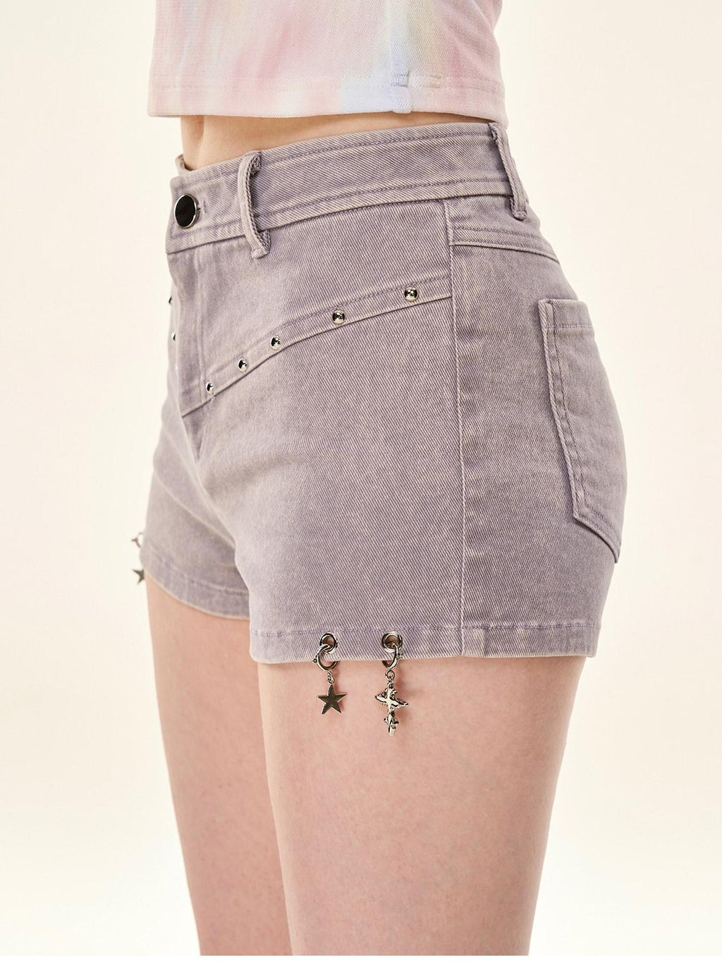 Girly Fancy Club Washed 3d Pendant Embellished Low Rise Slim Women's Stretch Cotton Denim Shorts