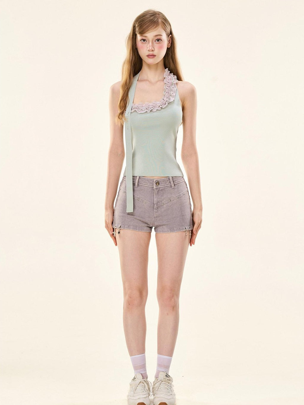 Girly Fancy Club Washed 3d Pendant Embellished Low Rise Slim Women's Stretch Cotton Denim Shorts