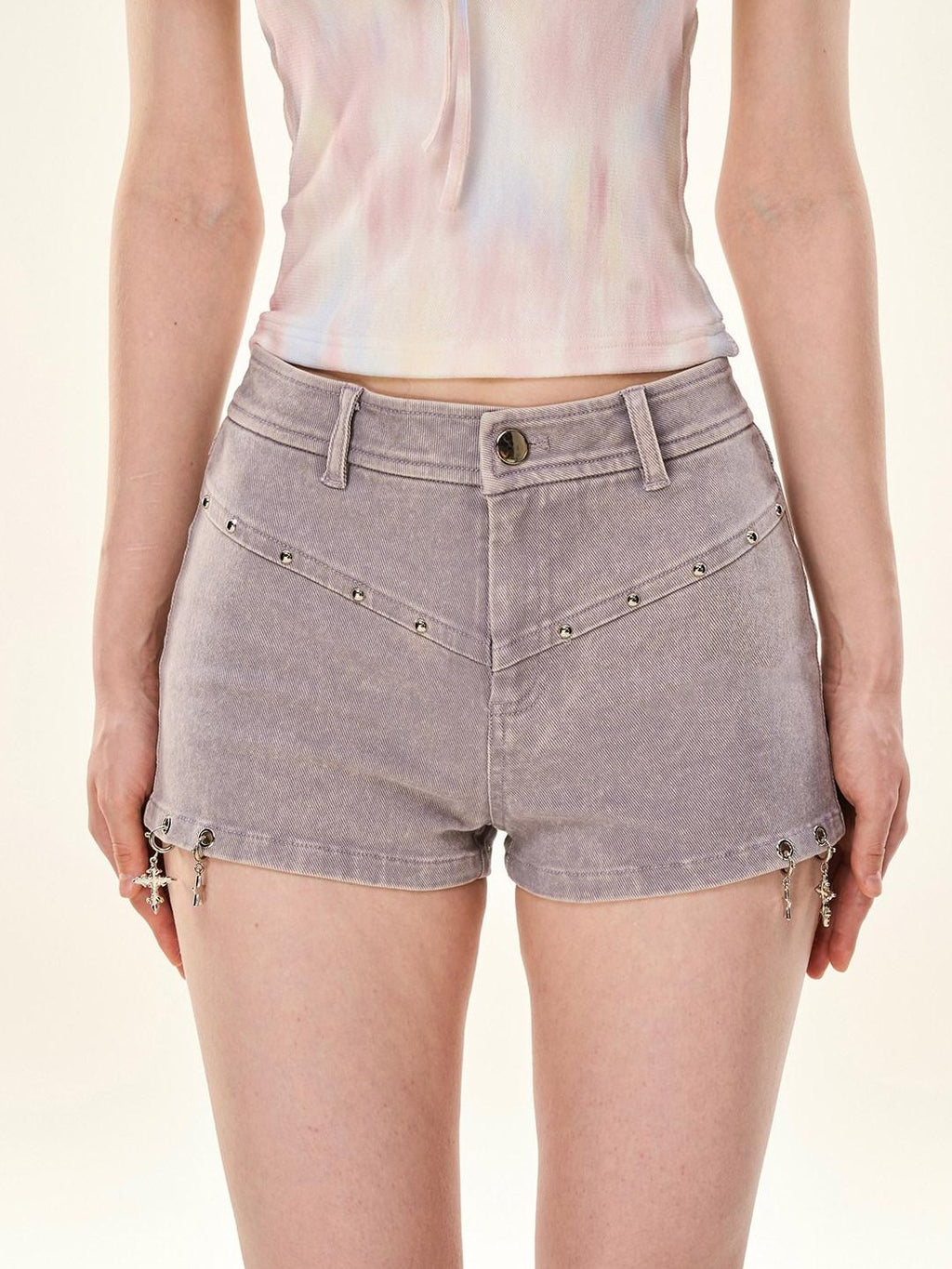Girly Fancy Club Washed 3d Pendant Embellished Low Rise Slim Women's Stretch Cotton Denim Shorts