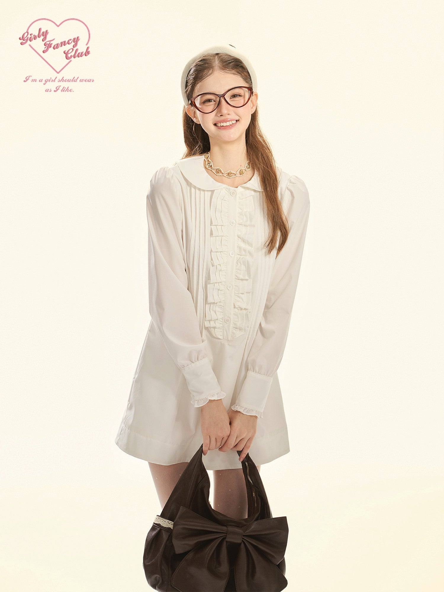 Girly Fancy Club White Accordion Pleat Ruffle Doll Collar Women's Polyester Casual Mini Dresses
