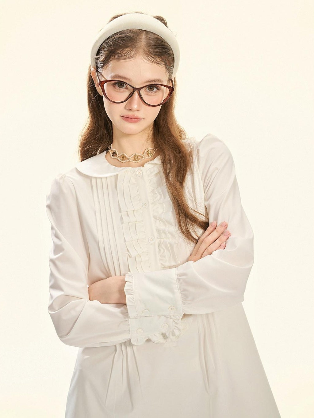 Girly Fancy Club White Accordion Pleat Ruffle Doll Collar Women's Polyester Casual Mini Dresses